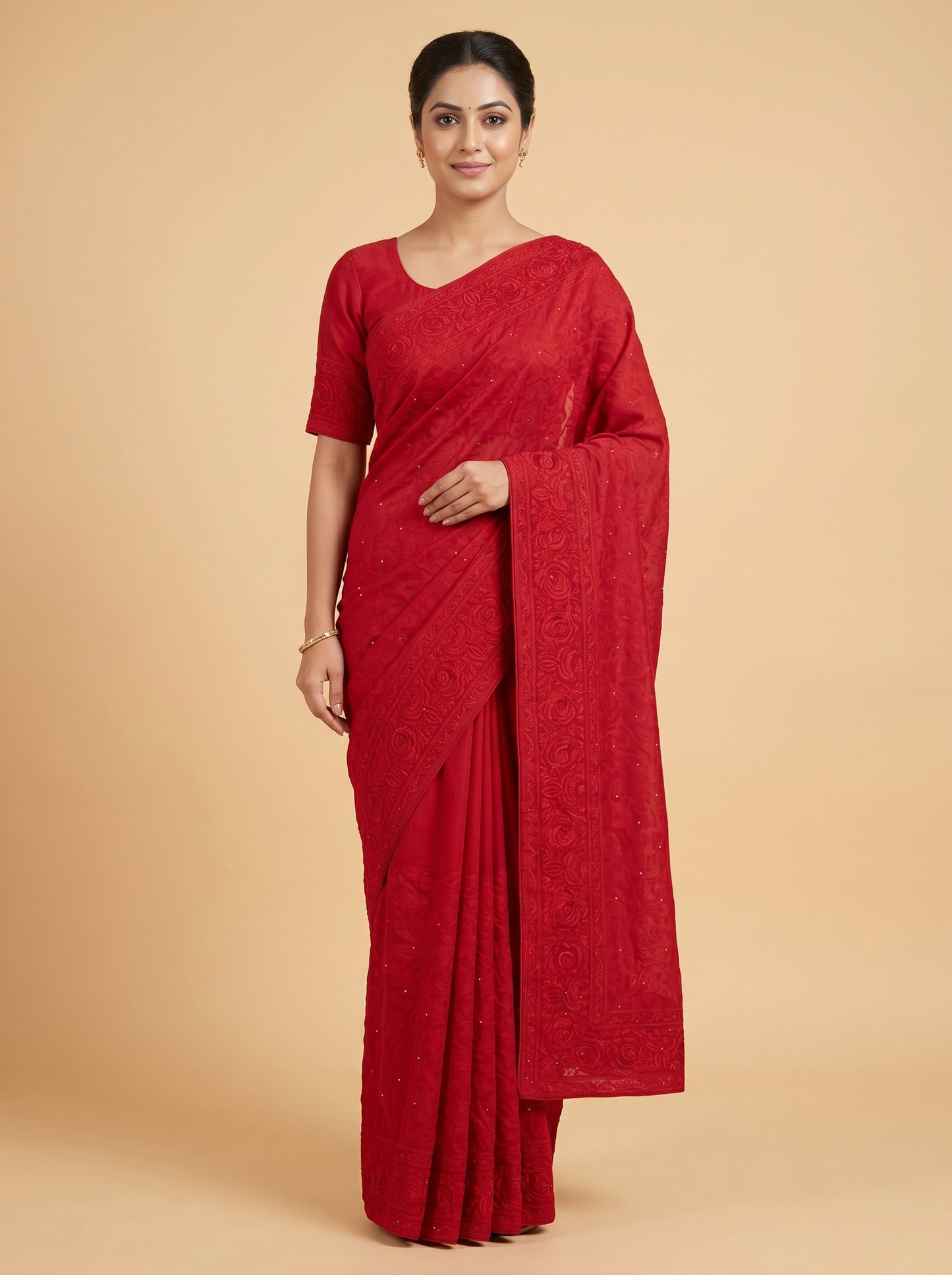 Cherry Red Embroidered Saree
