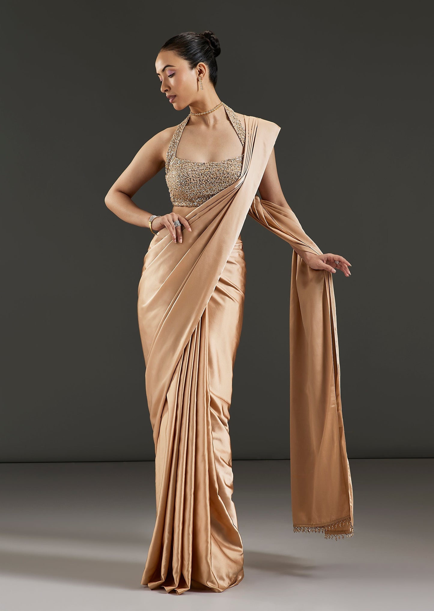 Chrome Yellow Satin Blend Ready Pleated Saree With Embellished Halter Neck Blouse