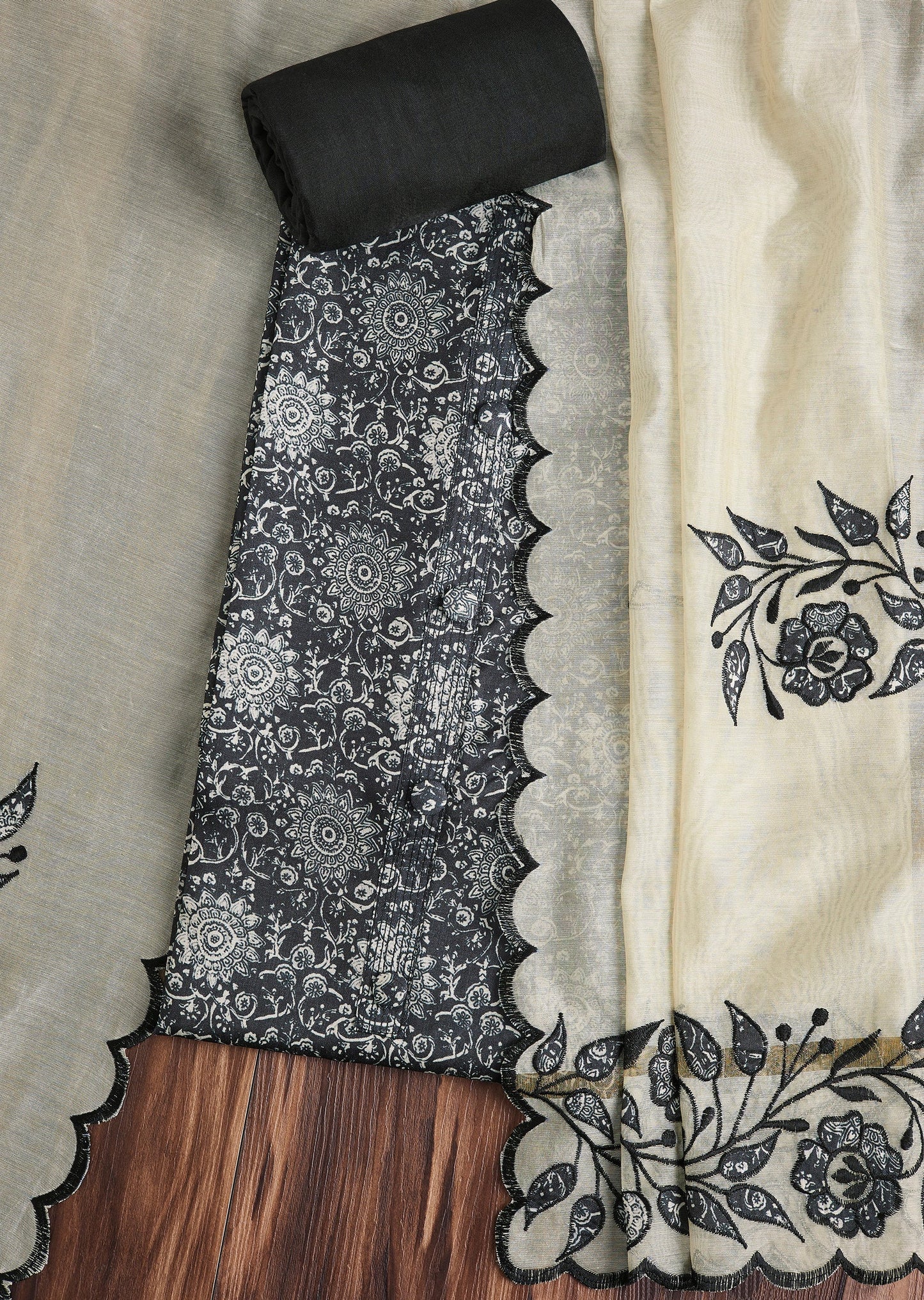 Classic Black Cotton Printed Unstitched Suit Set