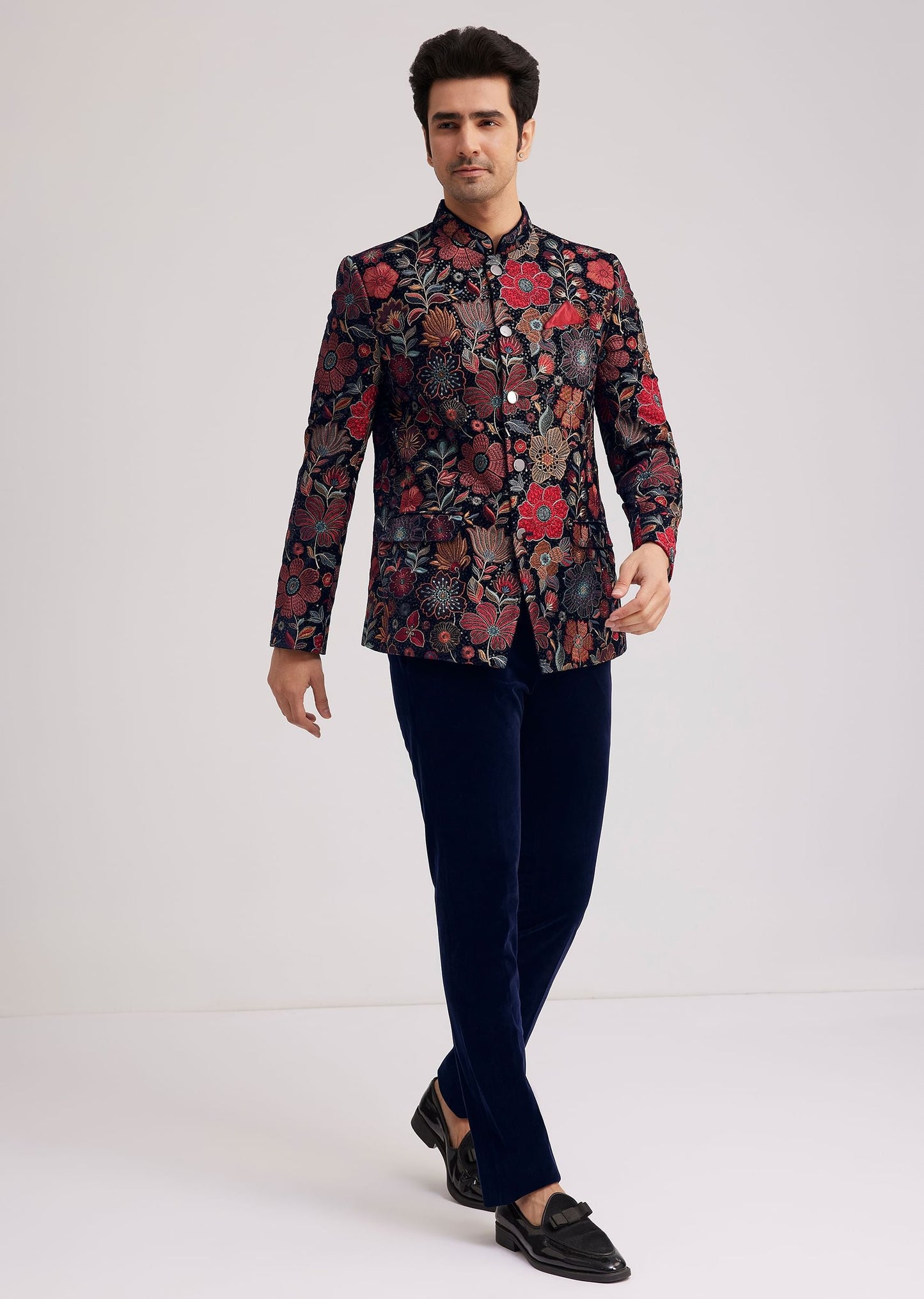 Multi Velvet Jodhpuri Set With Floral Embroidery