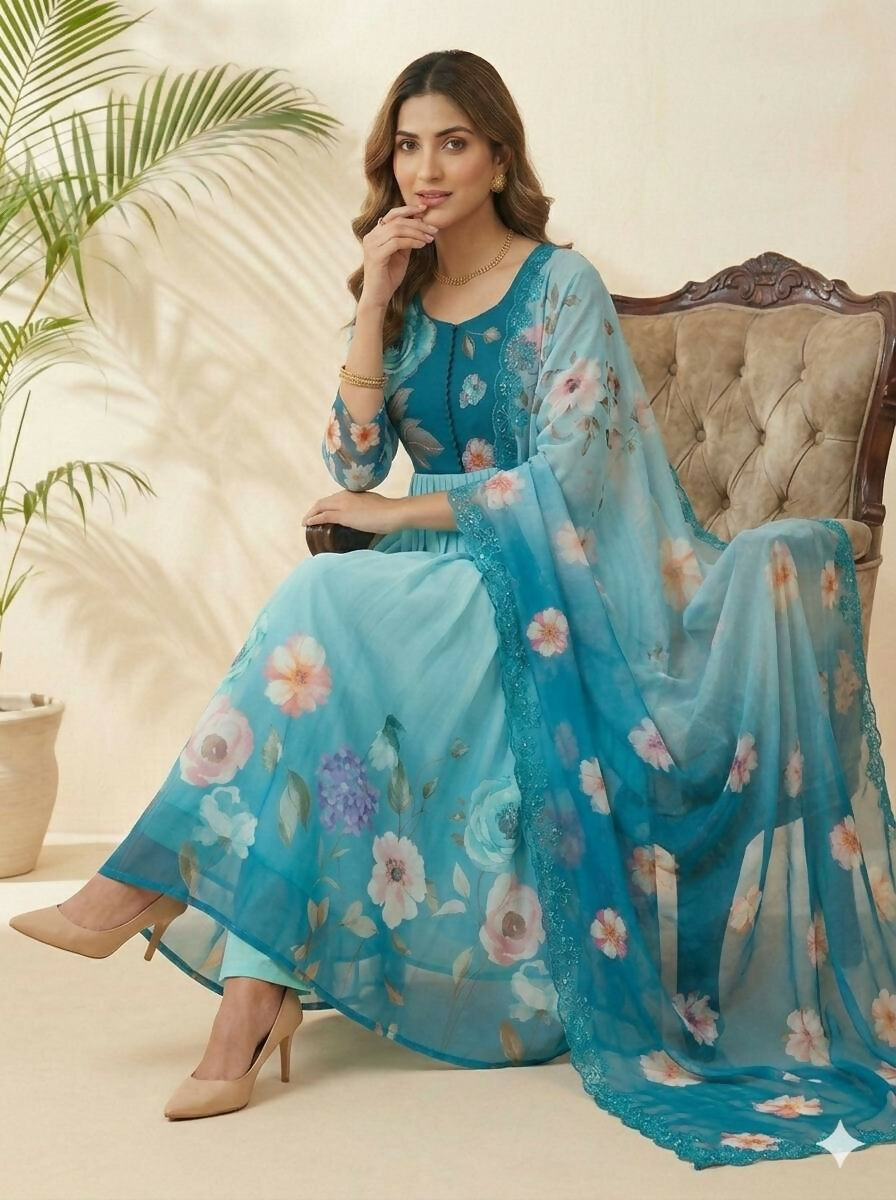 Teeya Creation Womens New Fancy Silk Heavy Quality Fabric With Handwork Sky-Blue Gown Set