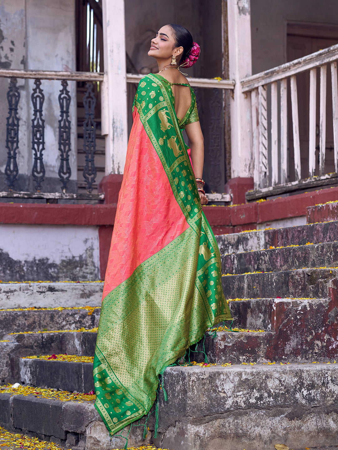 Anaita Coral Soft Silk Woven Saree With Blouse