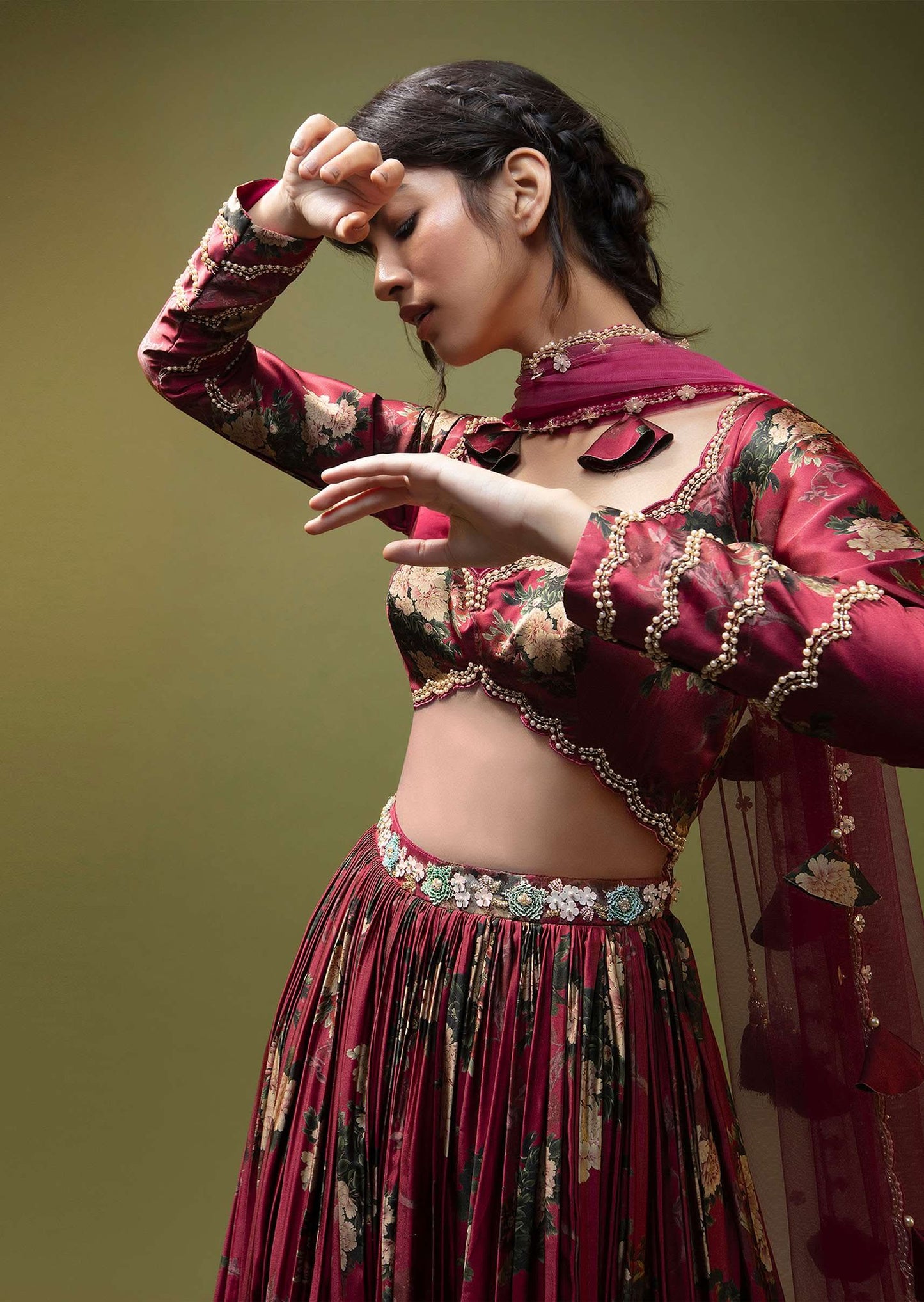 Cranberry Red Anarkali Suit In Floral Printed Satin With Front Cut Out And Sequin Embroidery