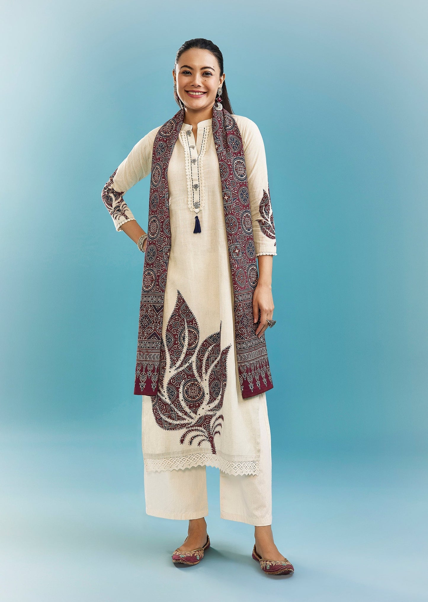 Cream And Maroon Block Print Kurta Set With Kantha And Lace Work