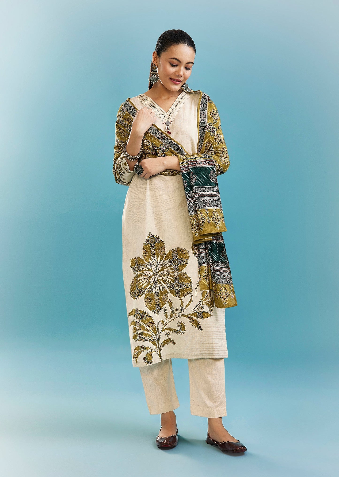Cream And Mustard Block Print Kurta Set