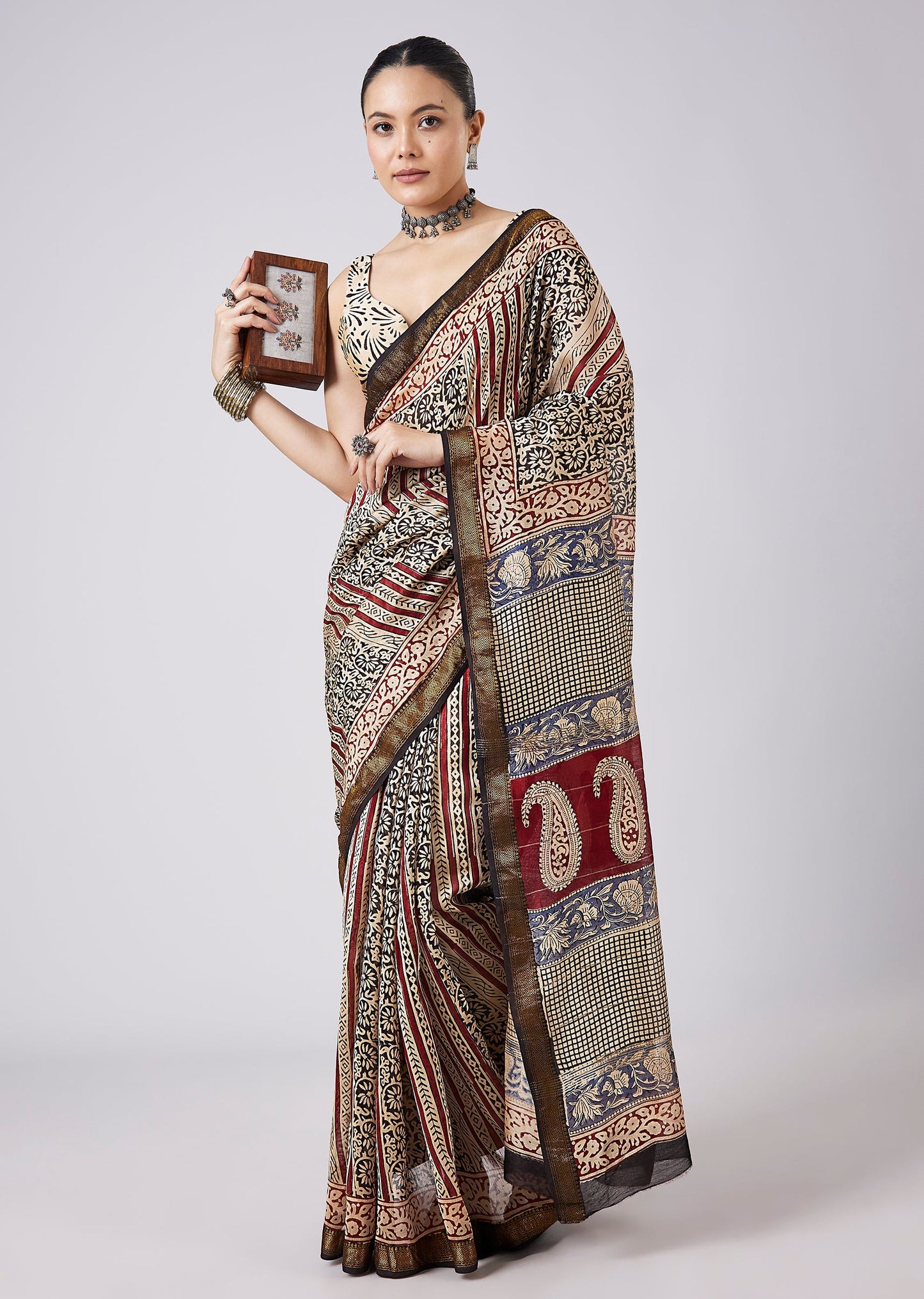 Cream Block Print Motif Saree with Unstitched Blouse