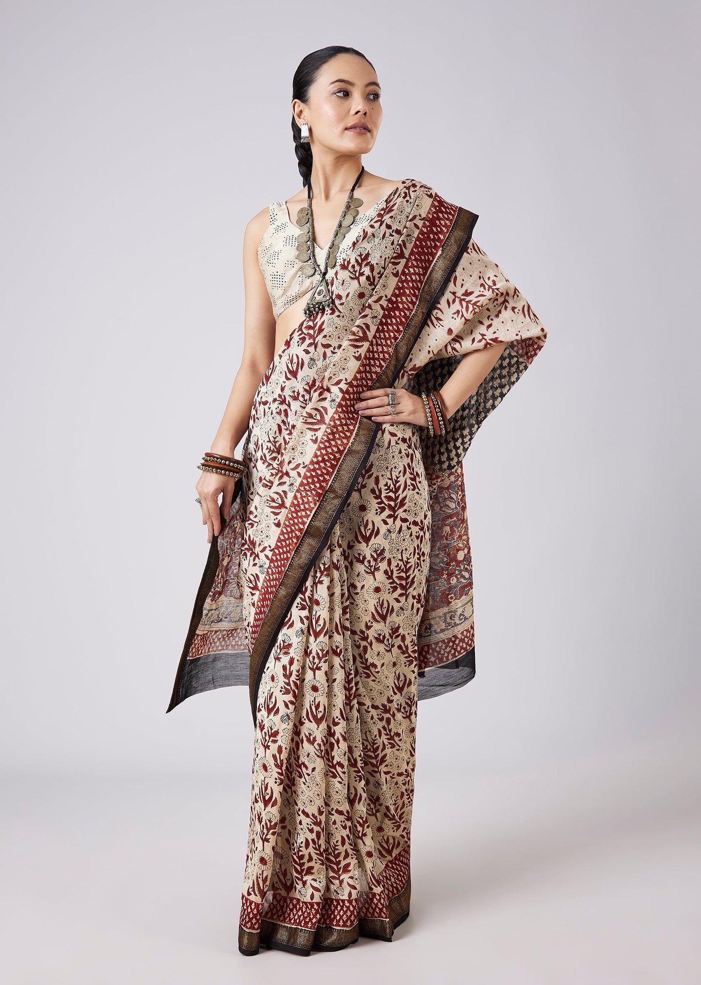 Cream Block Print Saree with Unstitched Blouse
