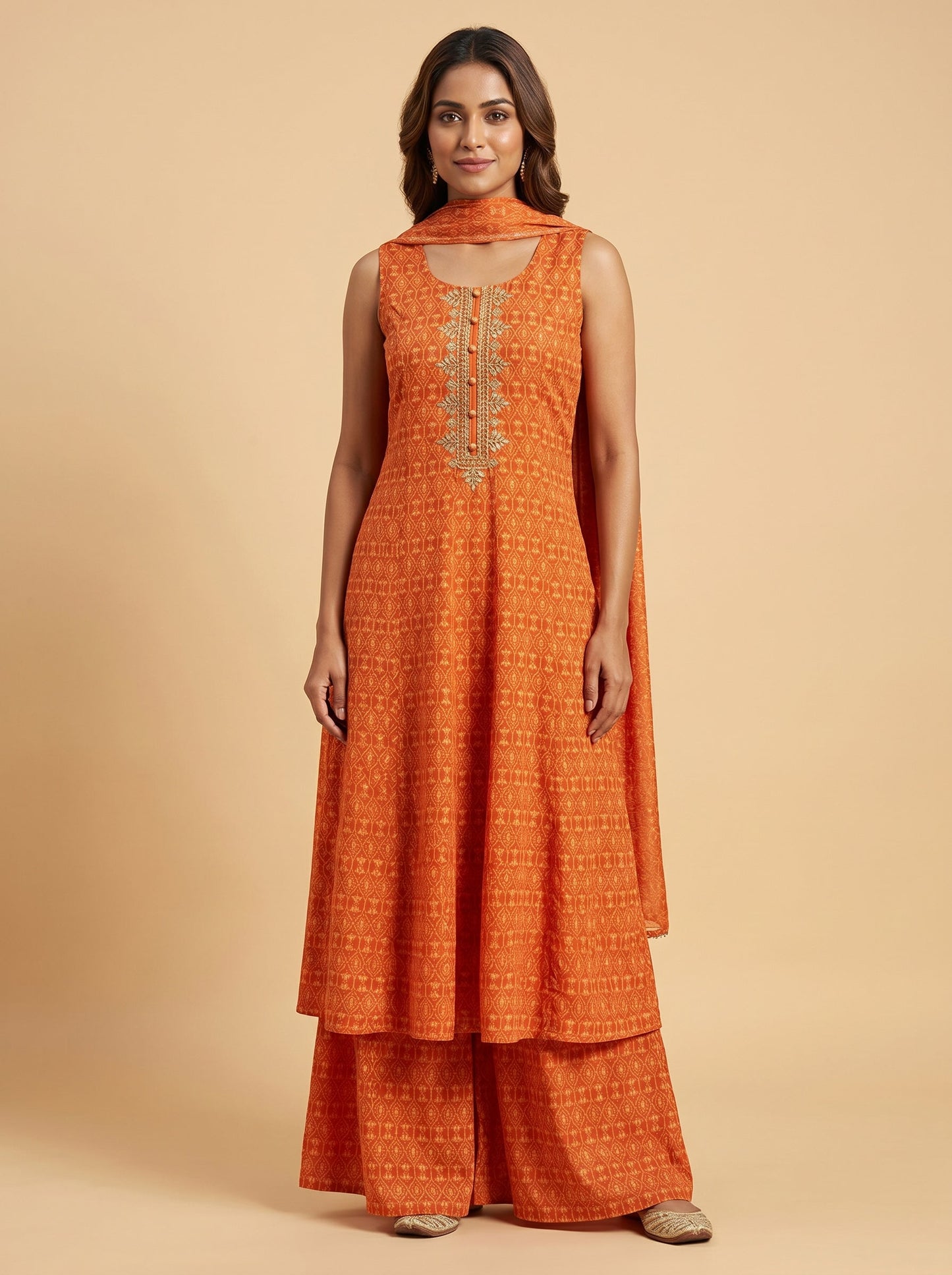 Cream Chanderi Embroidered Nightgown Set