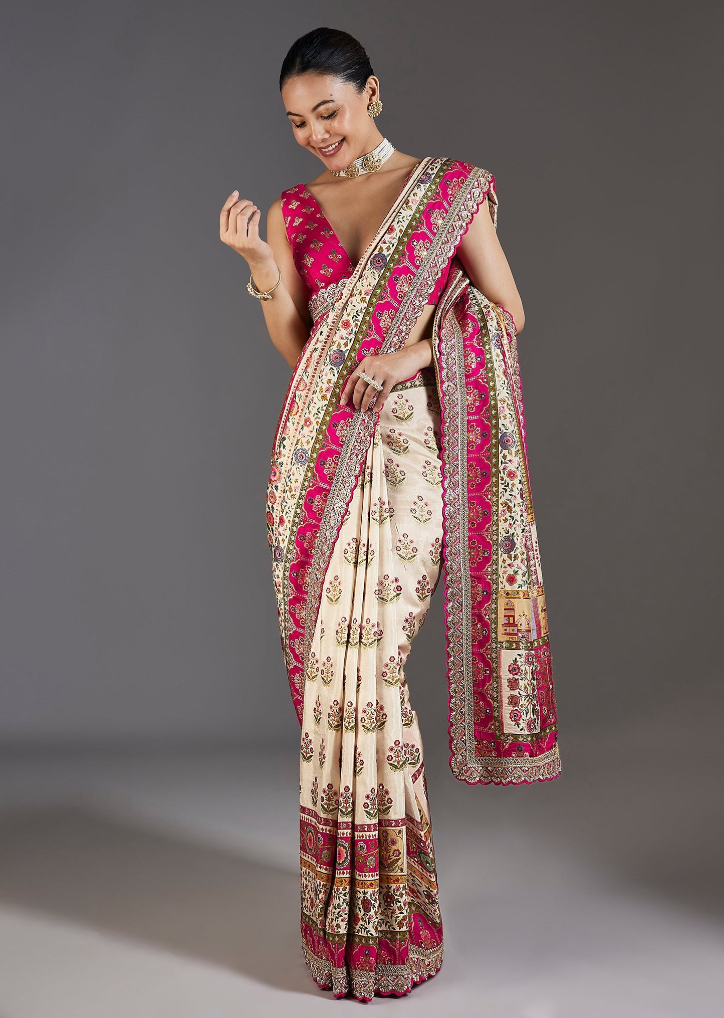 Cream Dola Silk Floral Printed Saree