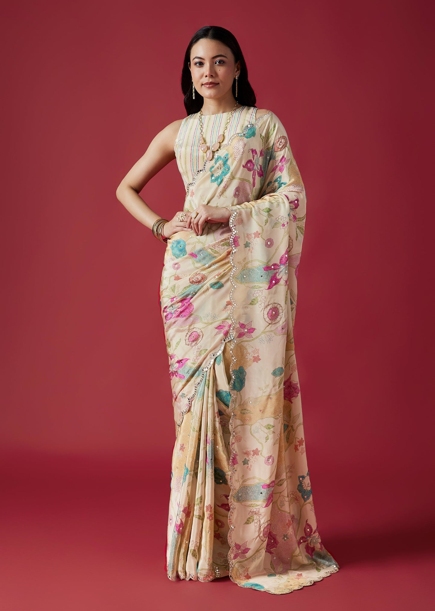 Cream Floral Printed Mirror Tissue Saree With Scallop Border
