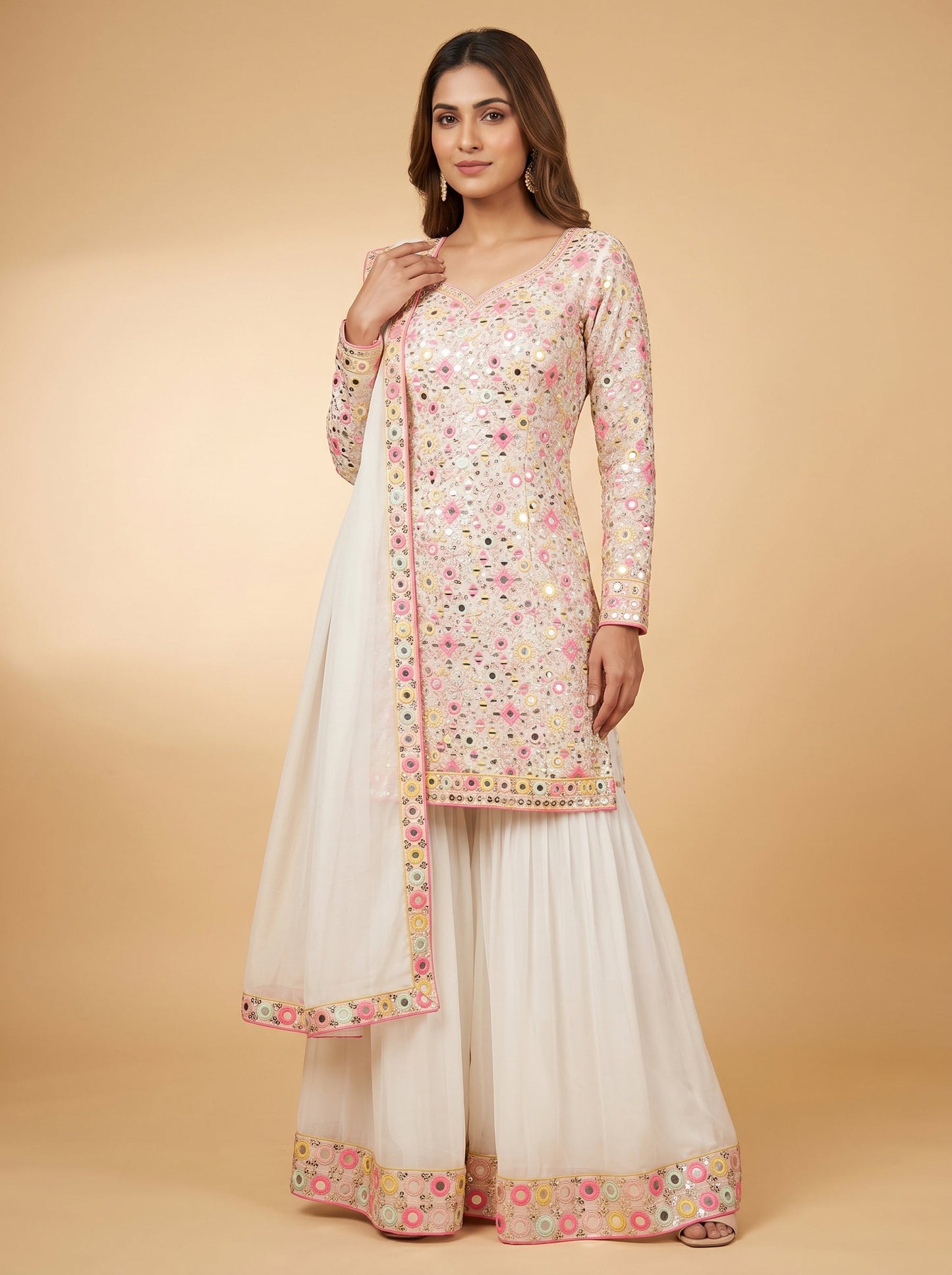 Cream Rayon Printed Kurti Pant Set