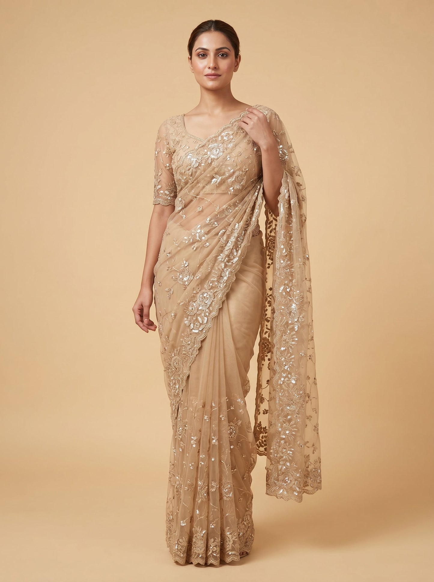 Cream Tussar Embroidered Saree