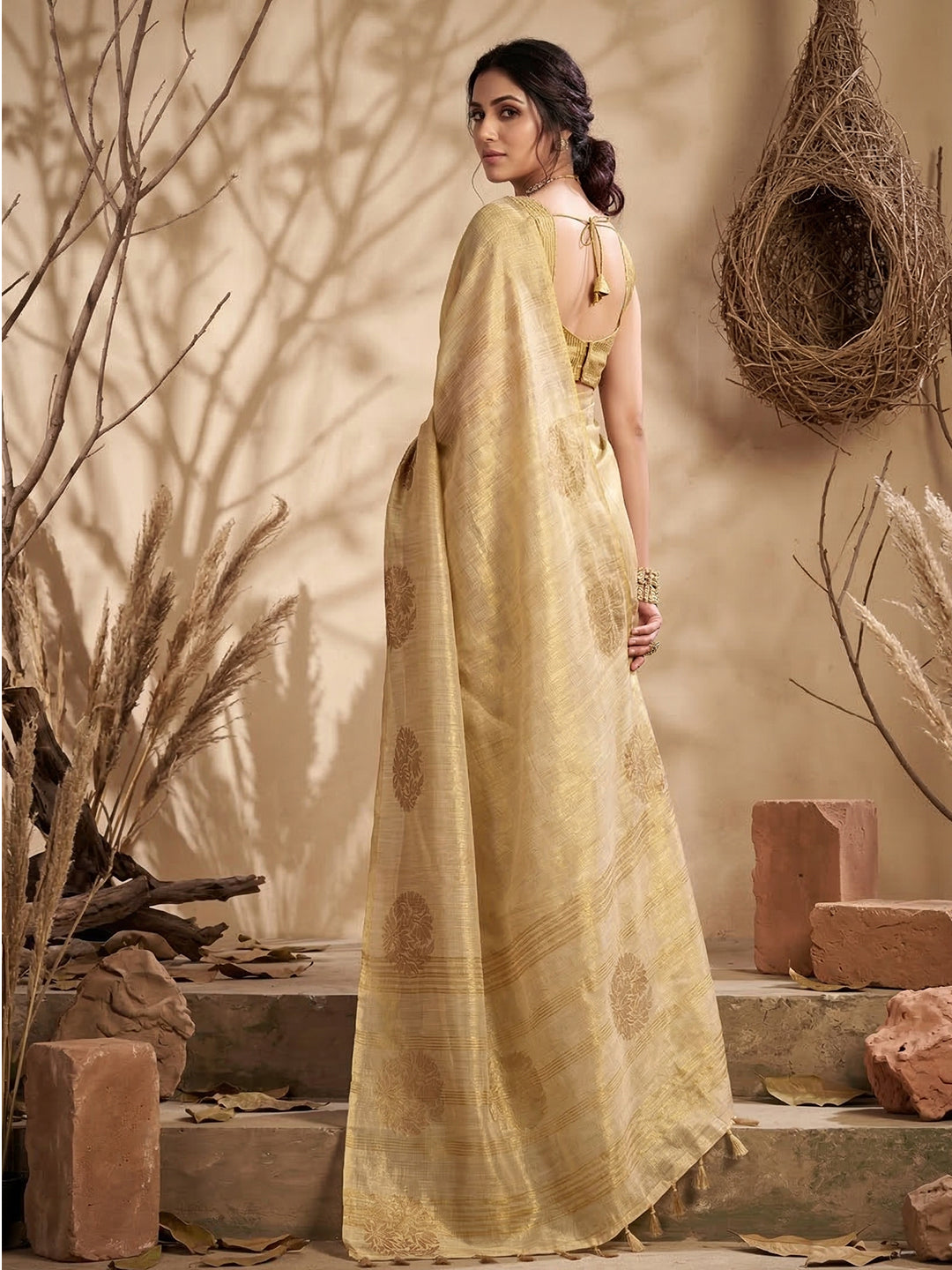 Anaita Cream Tissue Silk Woven Saree With Blouse