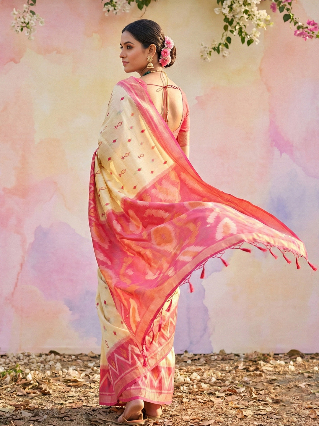 Anaita Cream Soft Silk Printed Saree With Blouse