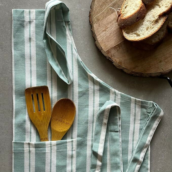 Oak & Lily 100% Cotton Kitchen Apron-Green Striped