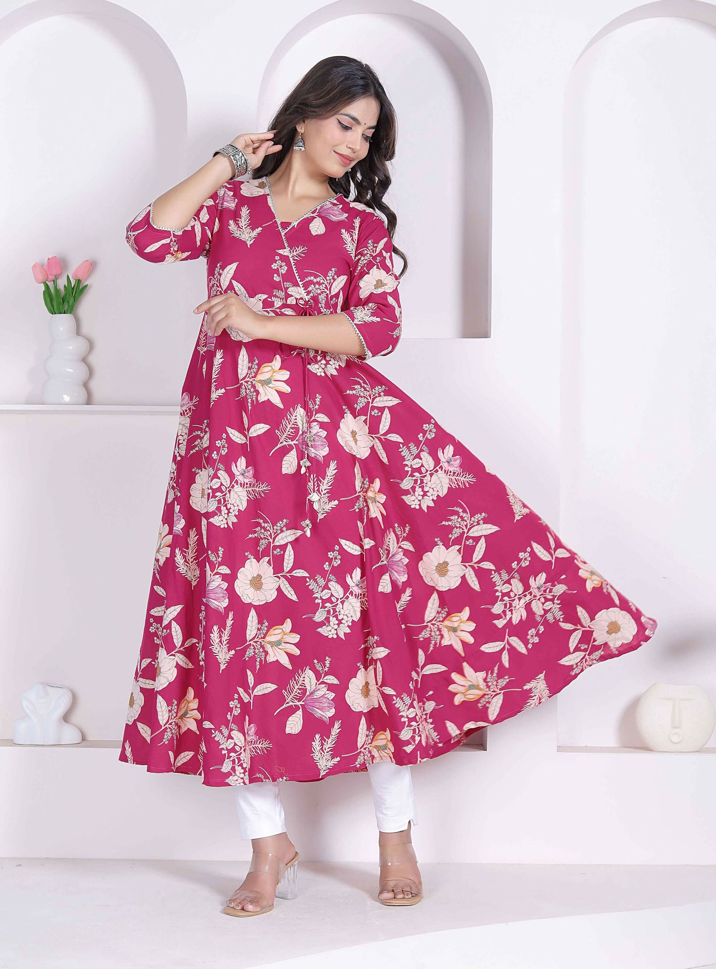 Miravan Womens Pink Floral Printed Angrakha Kurta