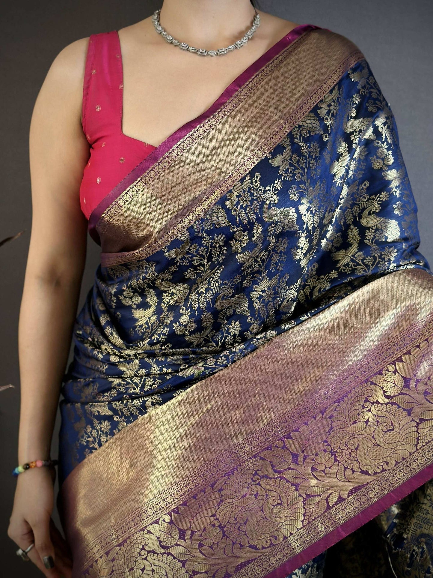 Prime Volt Pure Handloom Kanjivaram Katan Silk Saree with Antique Zari & Contrast Pallu-Deep Vibrant Blue
