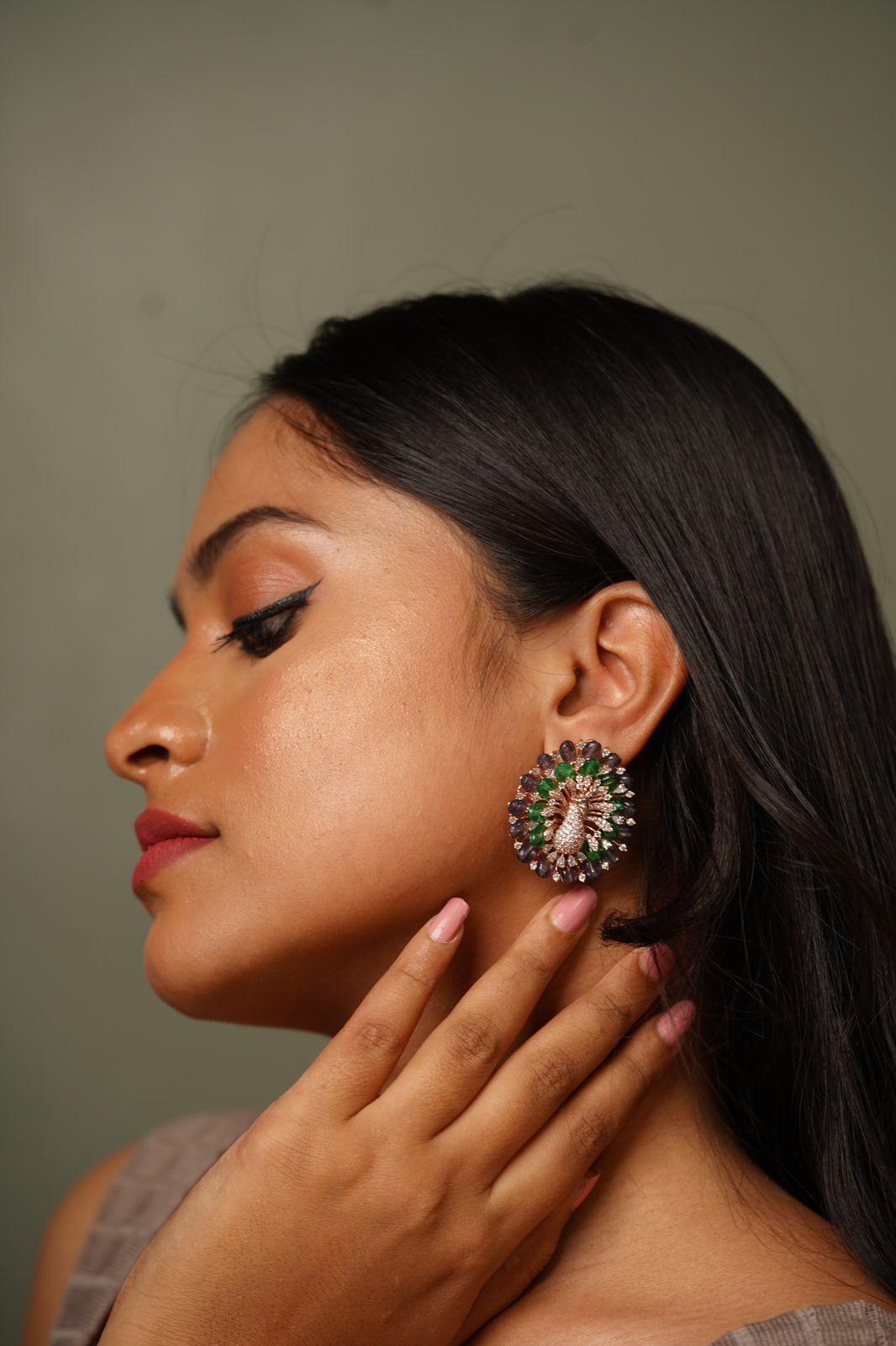 Dancing Peacock Beaded Oversized Diamond Studs | LaLa Land Collection