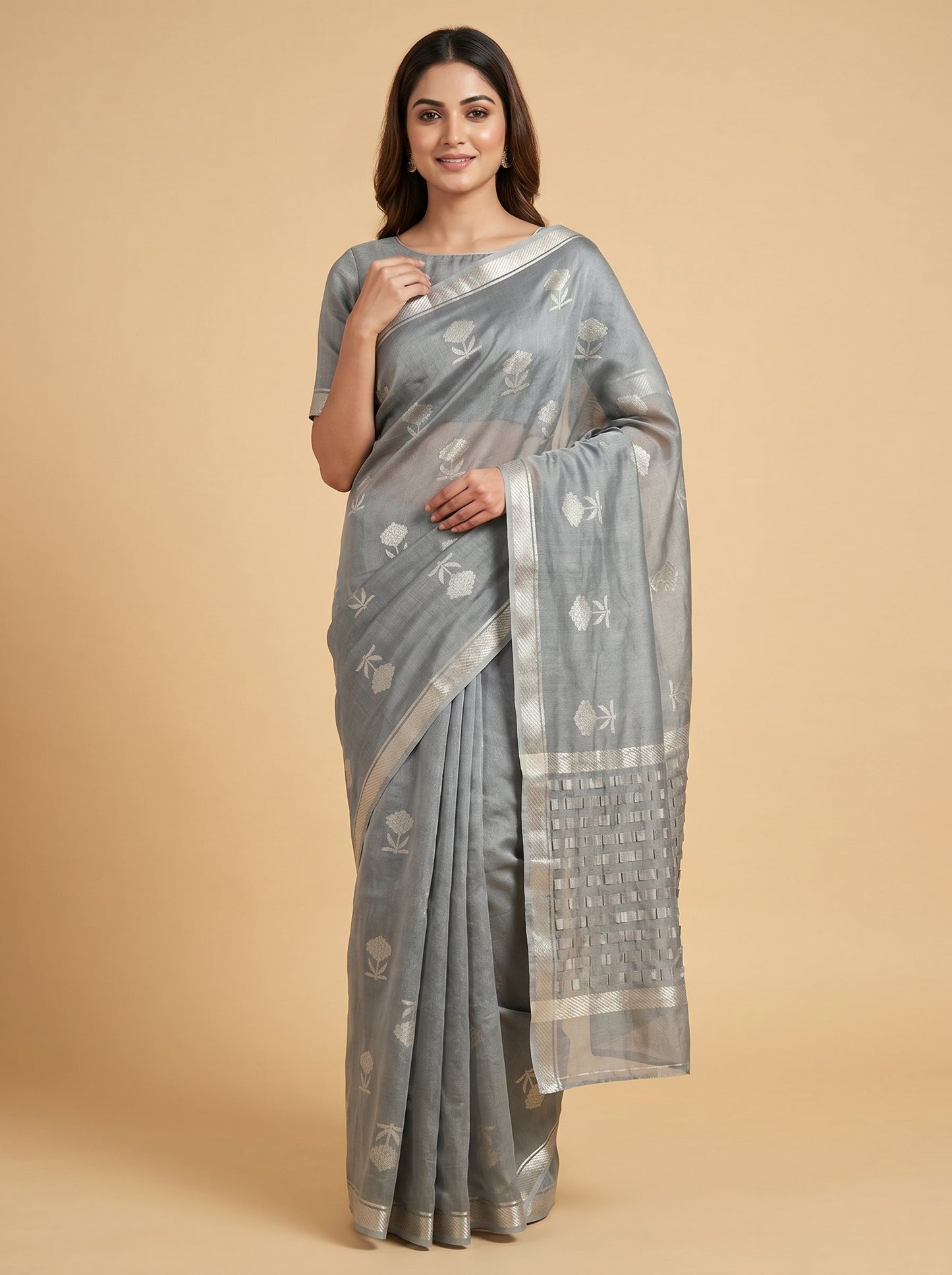 Dark Grey Modern Printed Saree