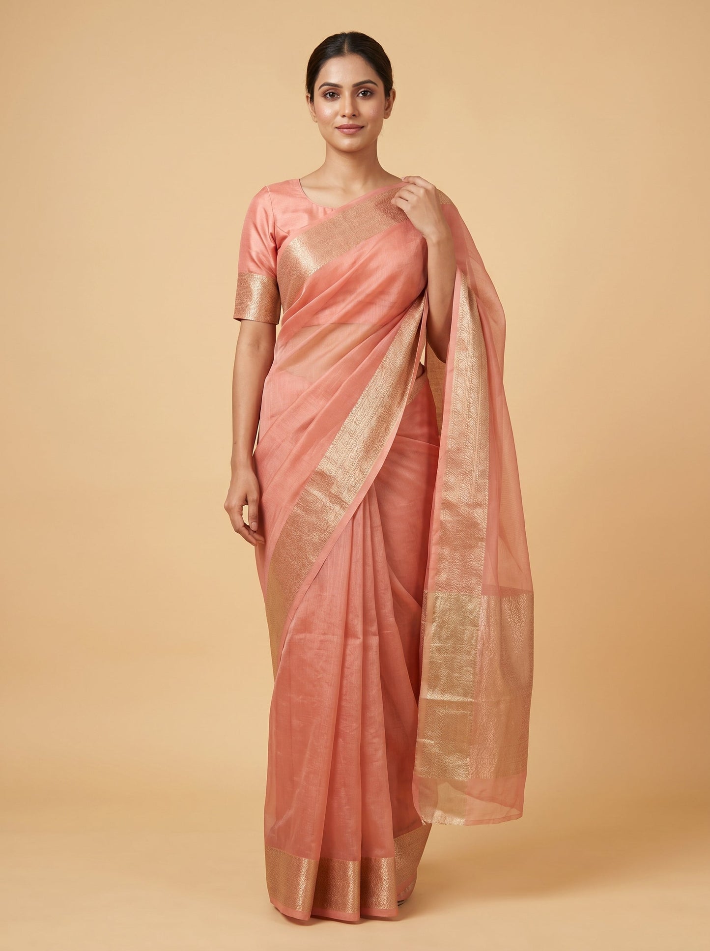 Dark Peach Embroidered Saree