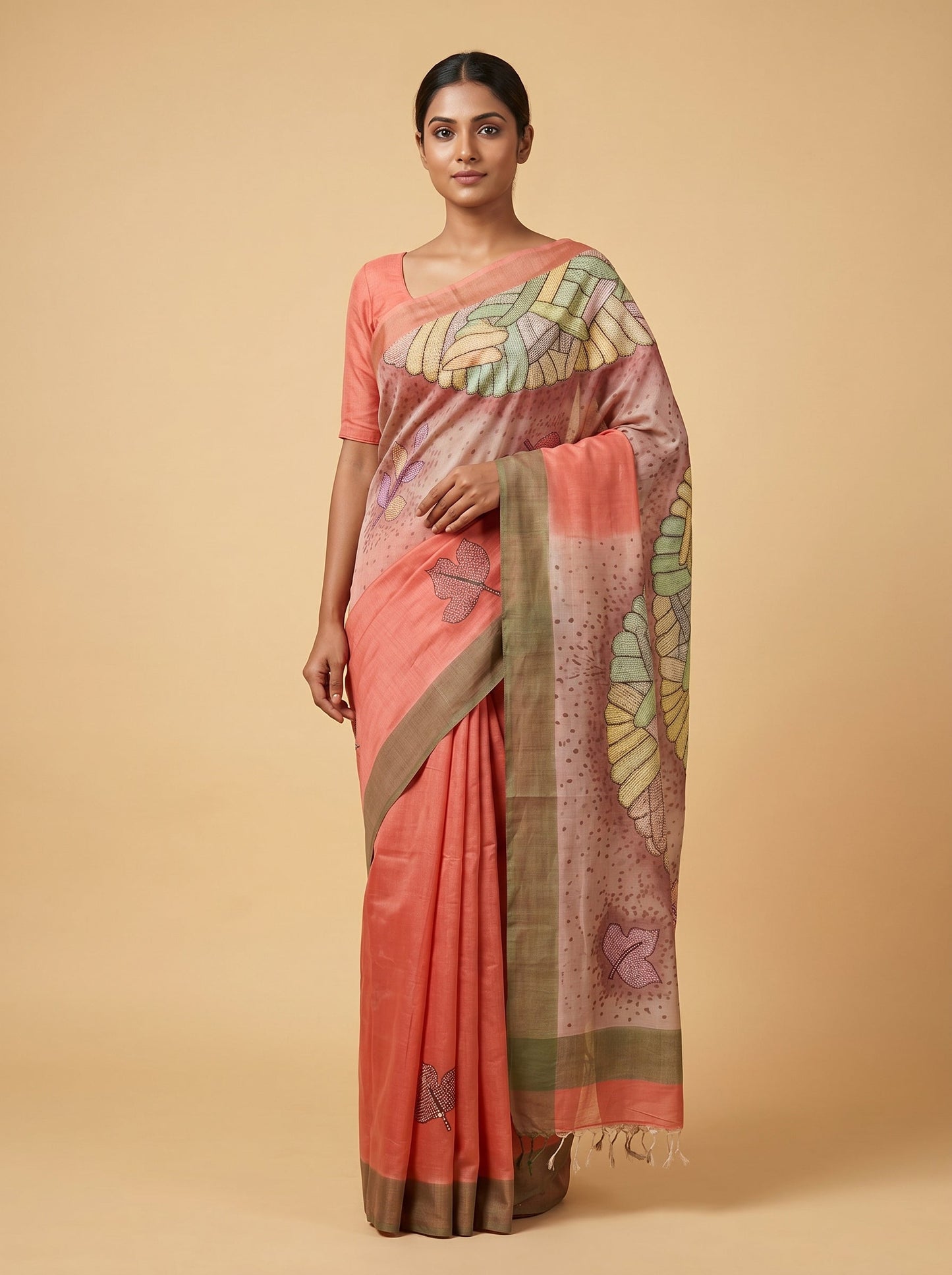 Dark Peach Warm Printed Saree