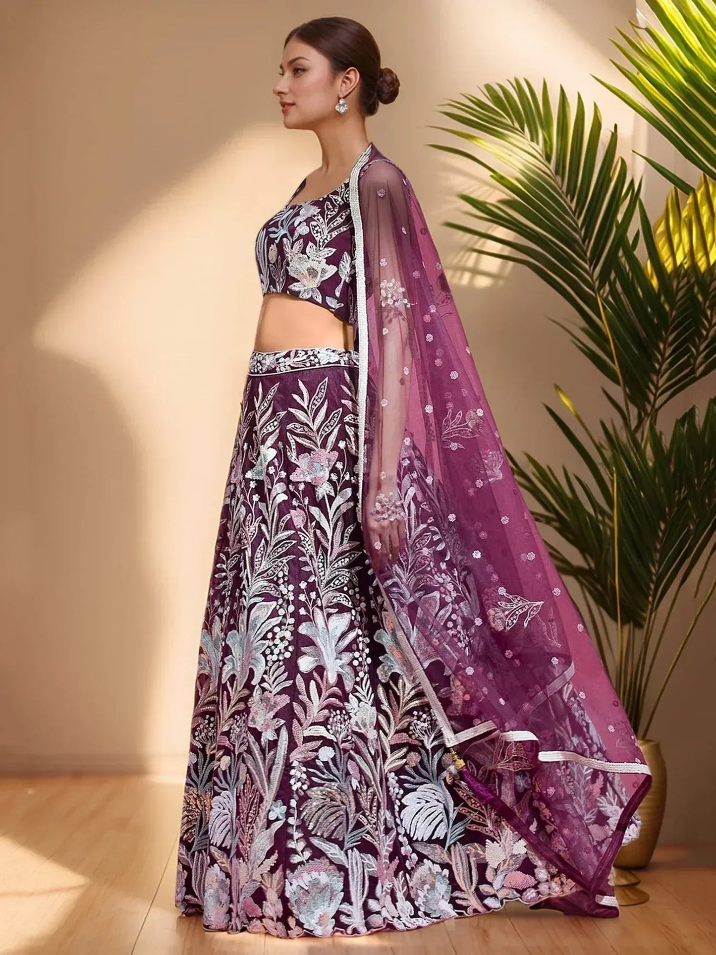 Tulsi Art Dazzling Wine Sequins Net Engagement Wear Lehenga Choli