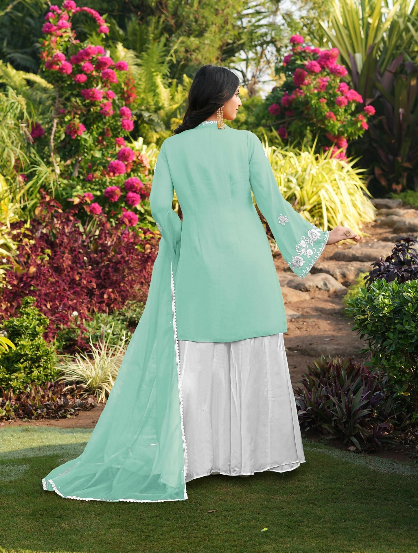 Nikhaar Light Green Embroidered Modal Silk Stitched Straight Cut Kurta Kalidar Palazzo Dupatta Readymade Suit