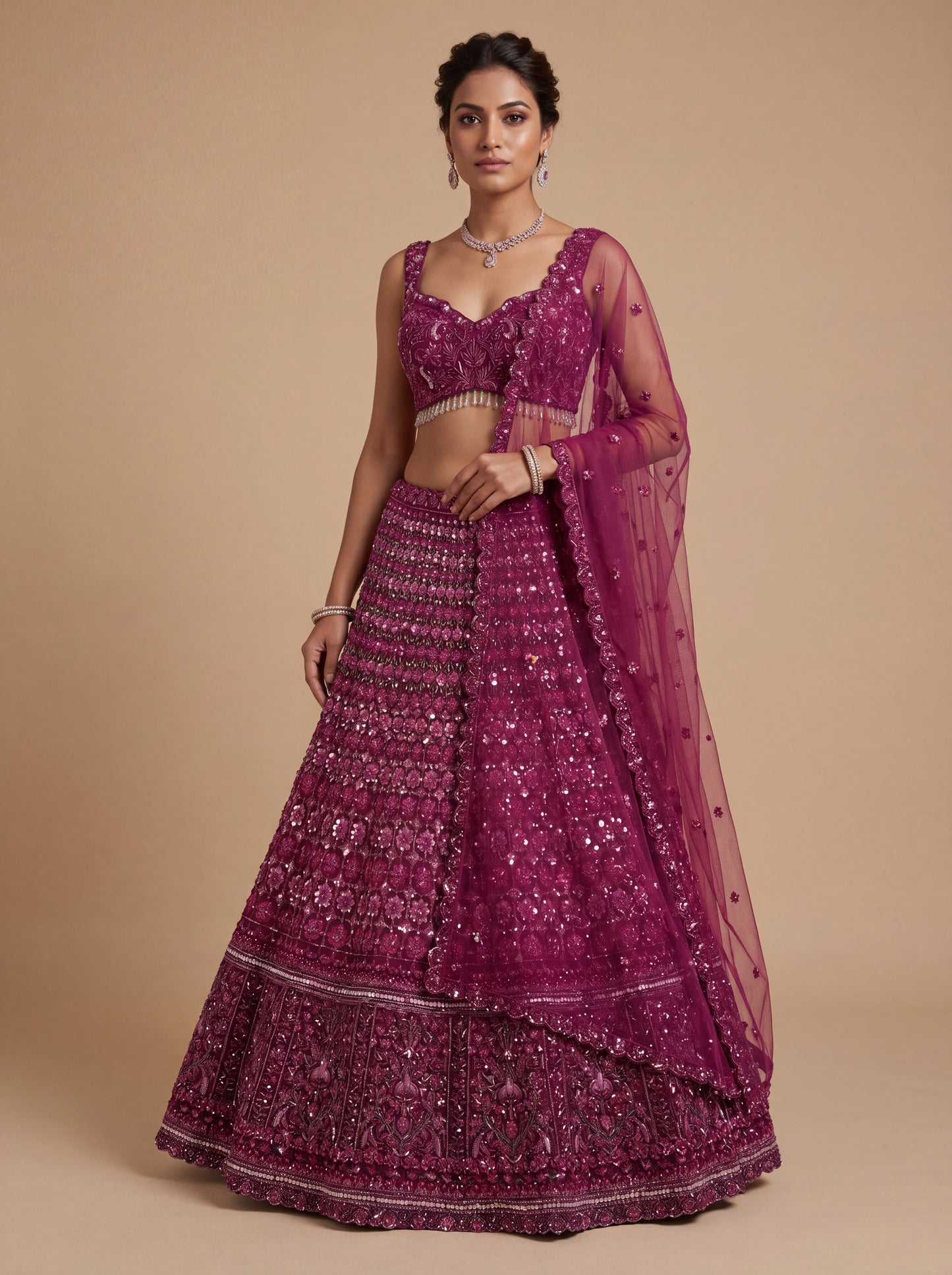 Deep Purple Contemporary Bridal Lehenga With Embroidered Flare