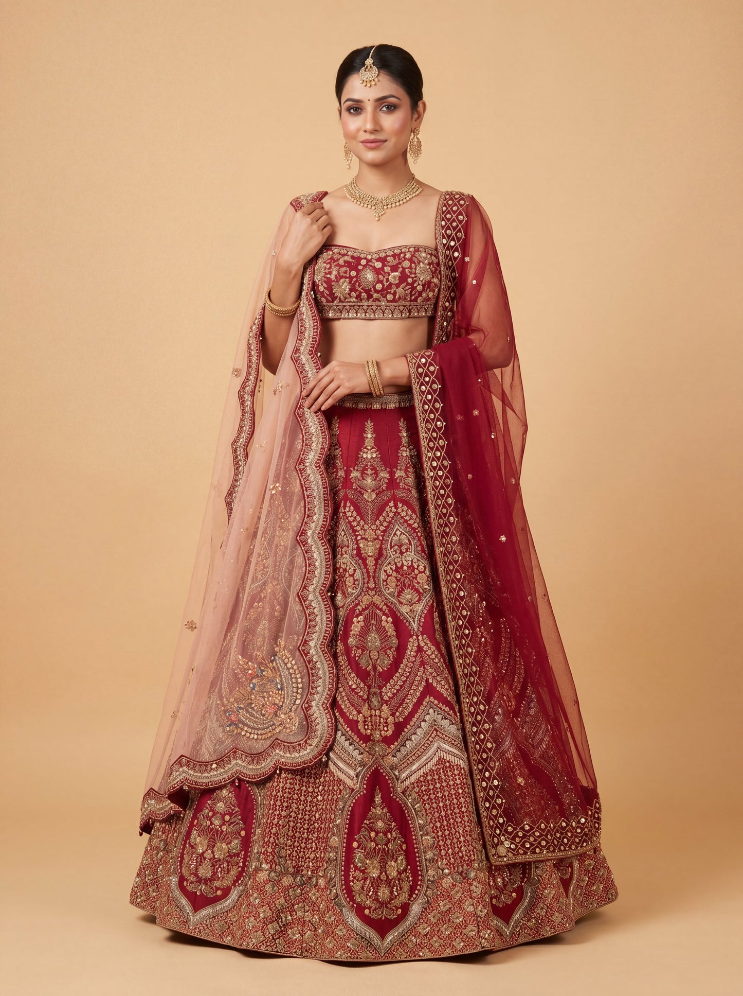 Deep Red Pheras Bridal Lehenga With Velvet Trailing Dupatta