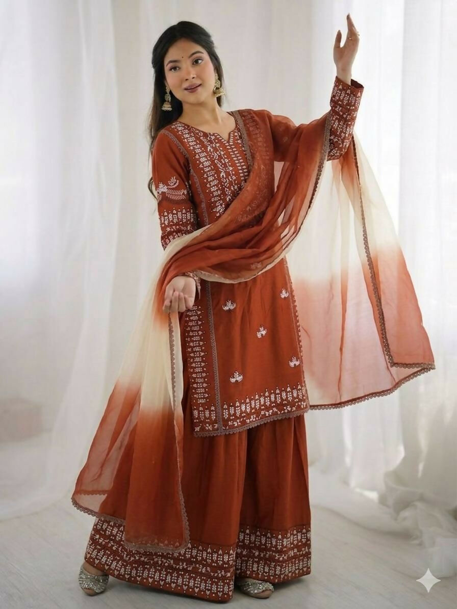 Teeya Creation Womens Trendy Stylish Embroidery Thread Work Orange Kurta Set