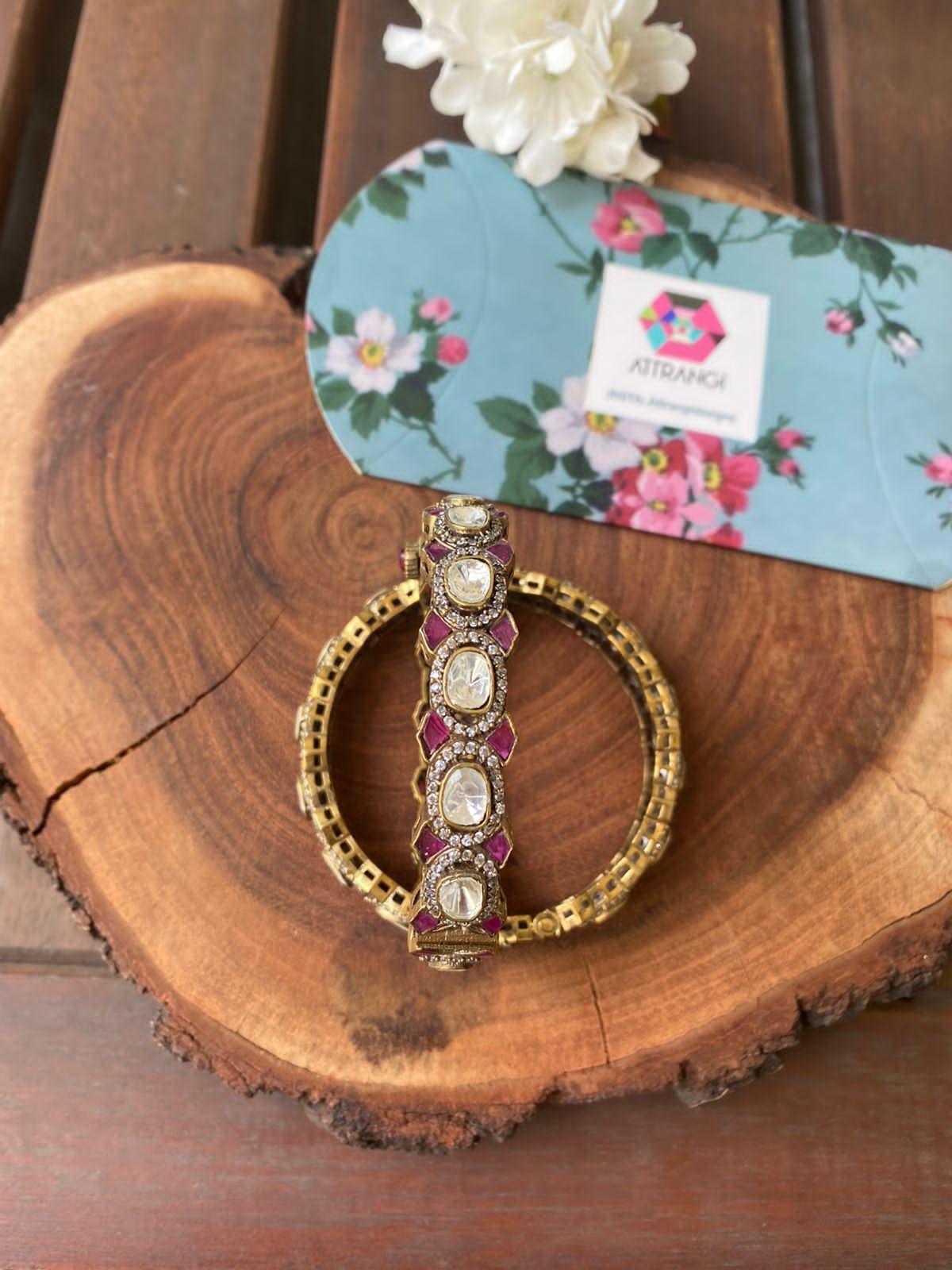 Dhara Antique Gold Moissanite Bangle With Meenakari Work - Pink