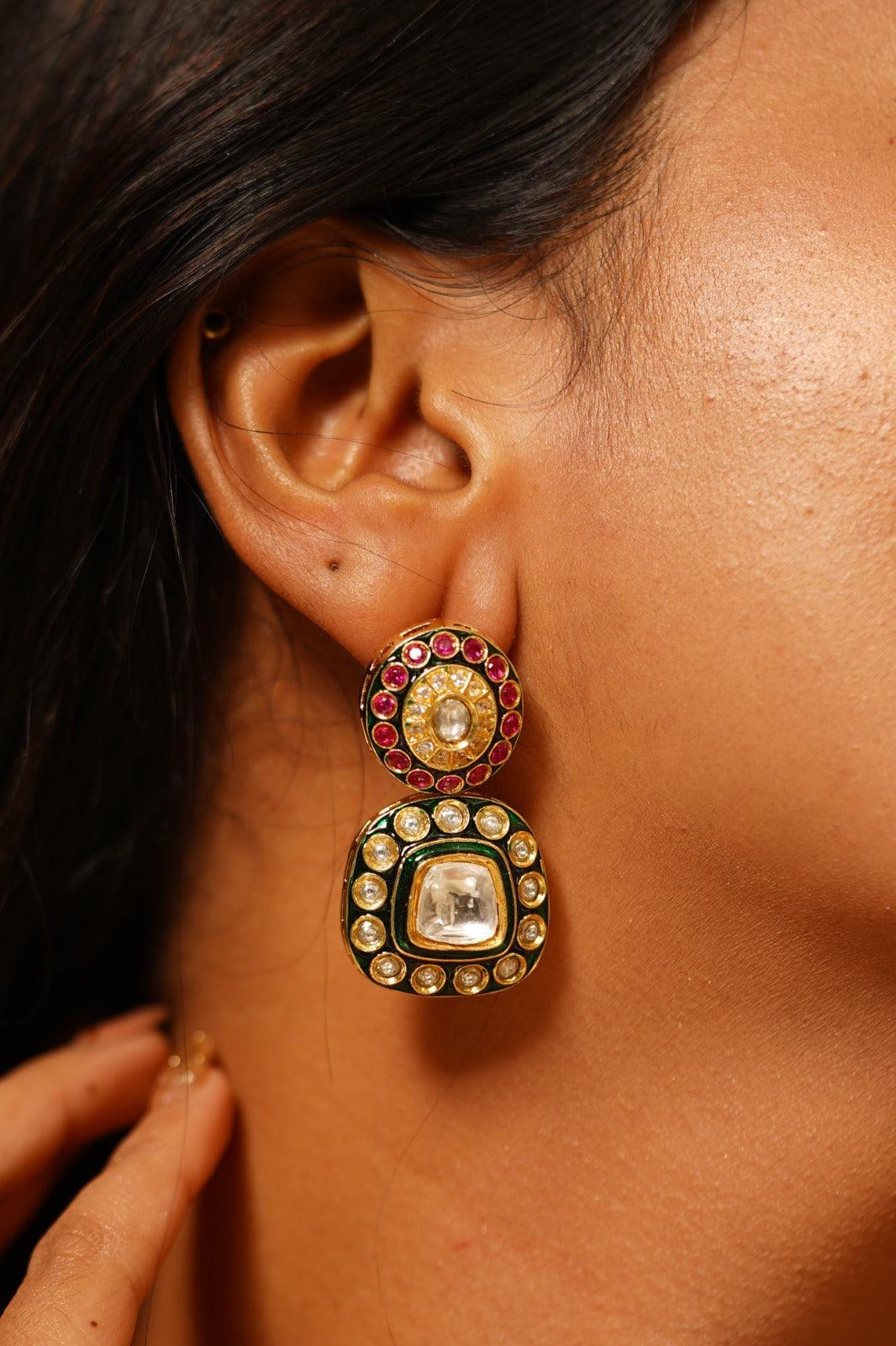 Dharni Meenakari Ruby emerald Mid Sized Indian earring