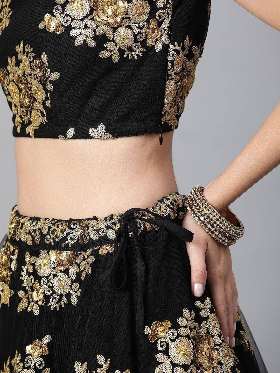 Tulsi Art Black & Golden Sequinned Semi-Stitched Myntra Lehenga & Blouse With Dupatta