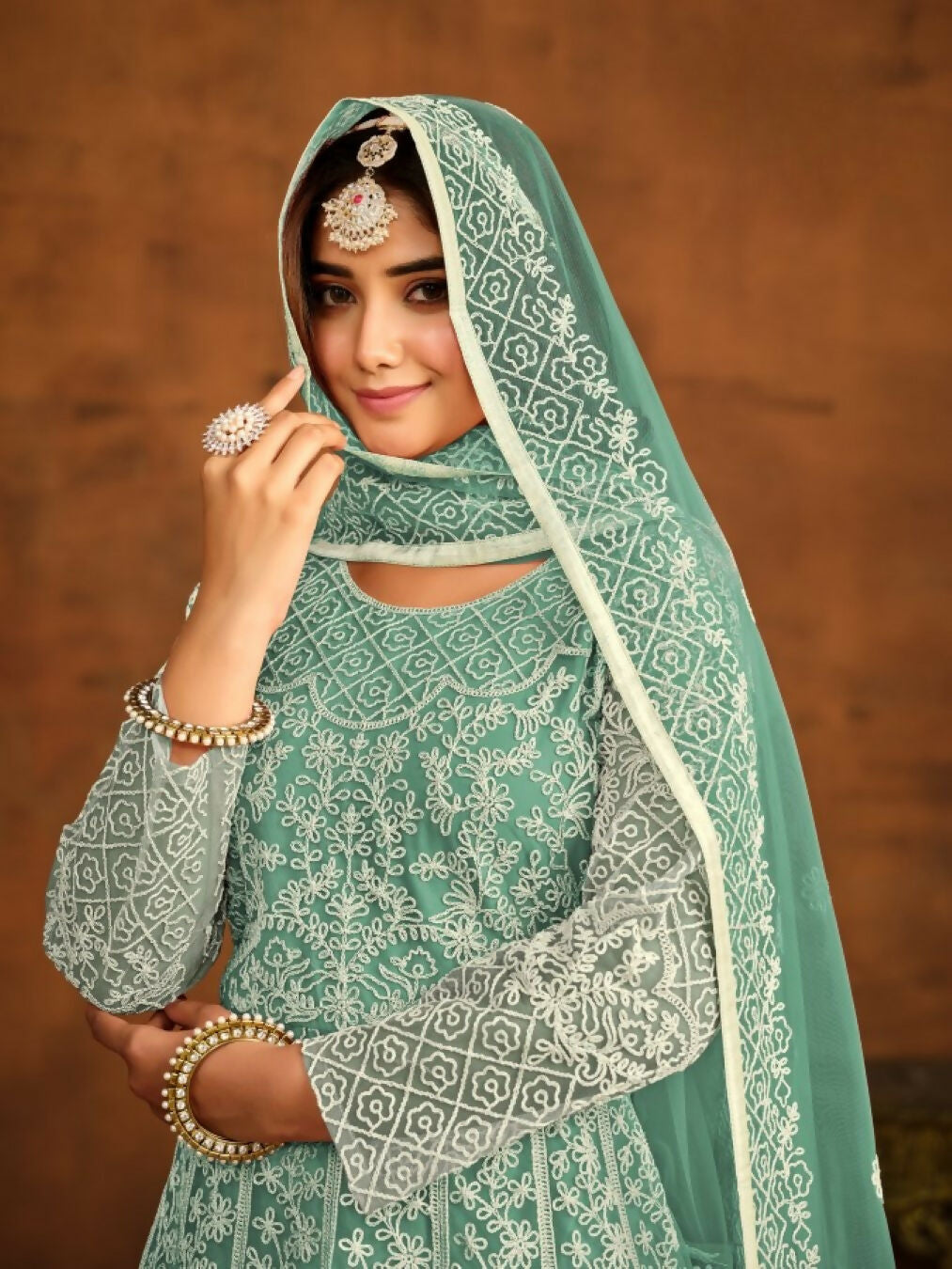 Anaita Sky Blue Embroidered Net Anarkali Suit