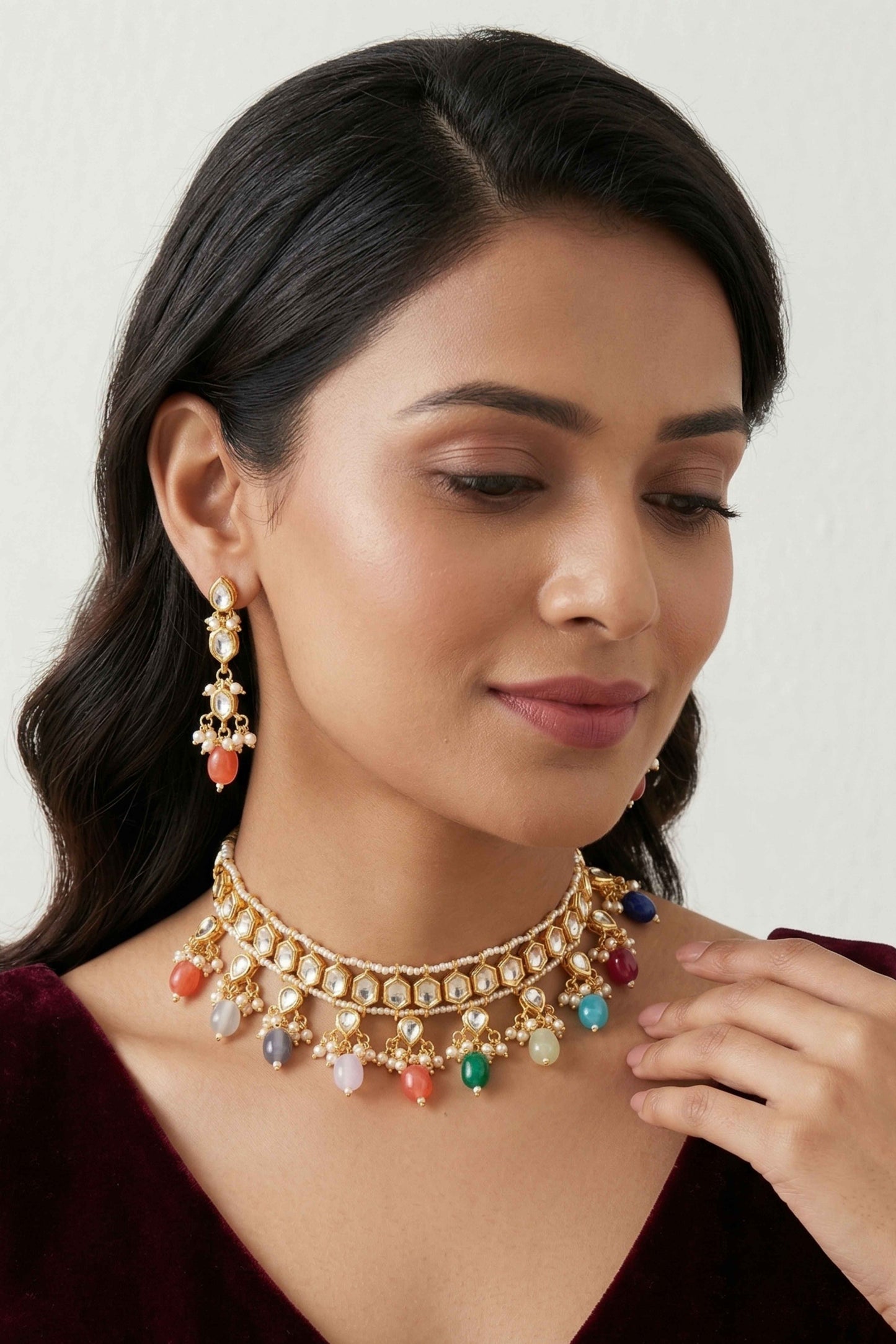 Gold toned multi colour necklace set
