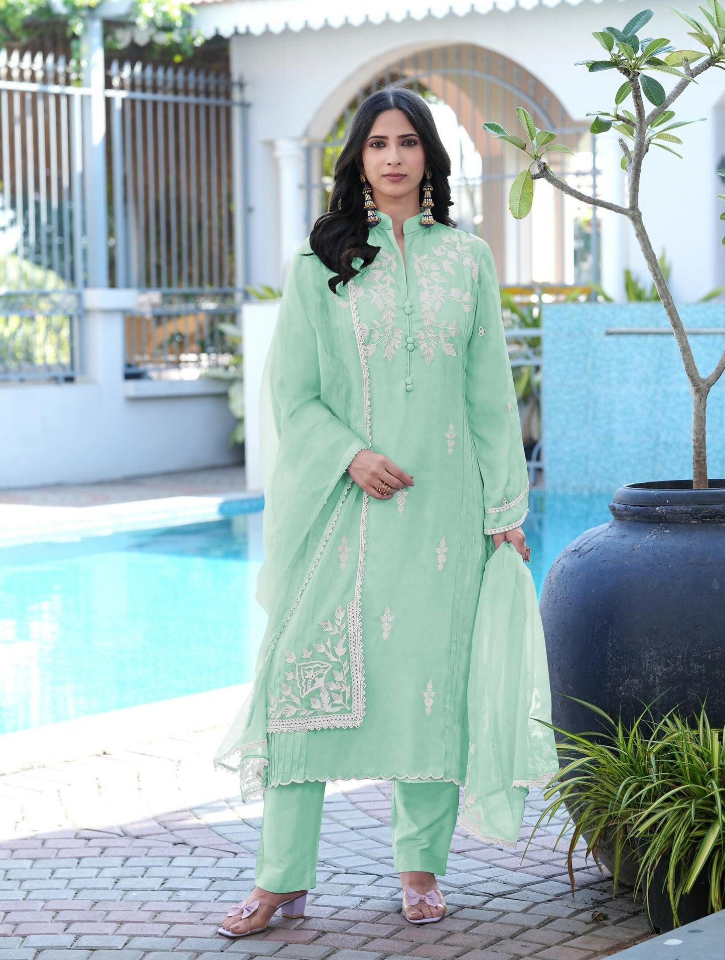 Nikhaar Light Green Embroidered Modal Silk Stitched Straight Cut Kurta Pants Dupatta Readymade Suit
