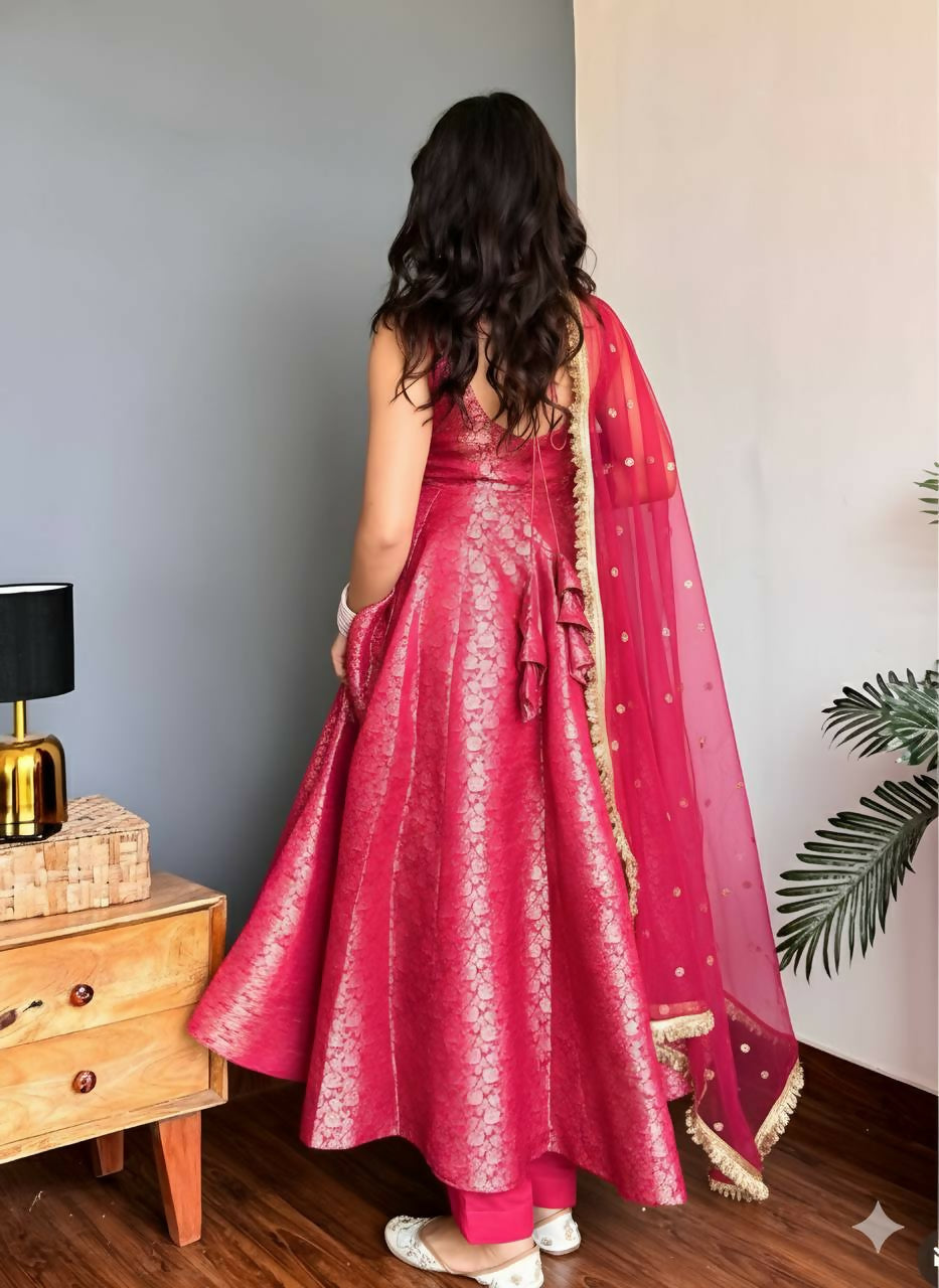 Lehenga Mart Designer Anarkali Suit With Kurta Bottom Dupatta For Women-Pink
