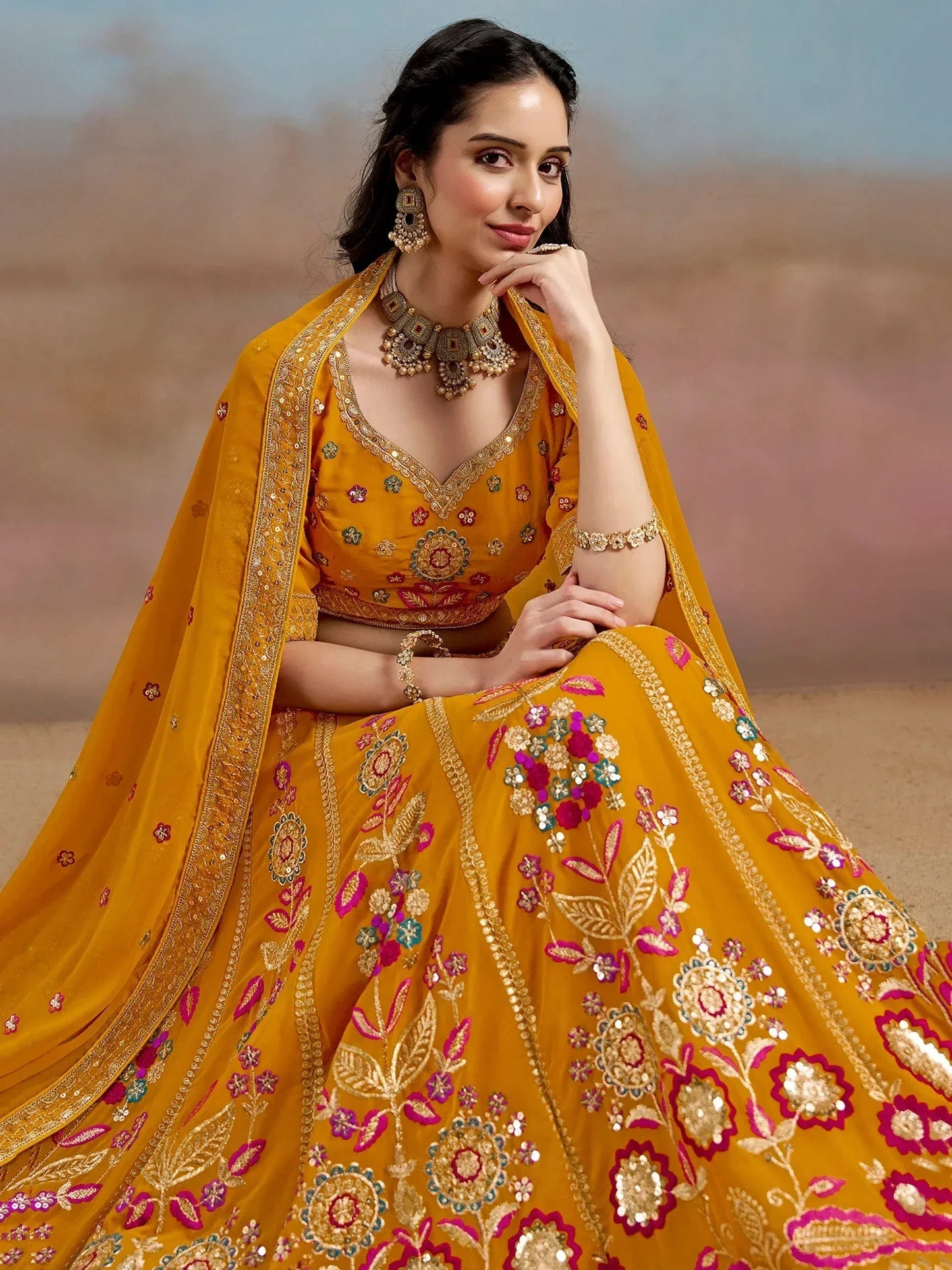 Tulsi Art Elegant Yellow Zari Work Georgette Haldi Wear Lehenga Choli With Dupatta