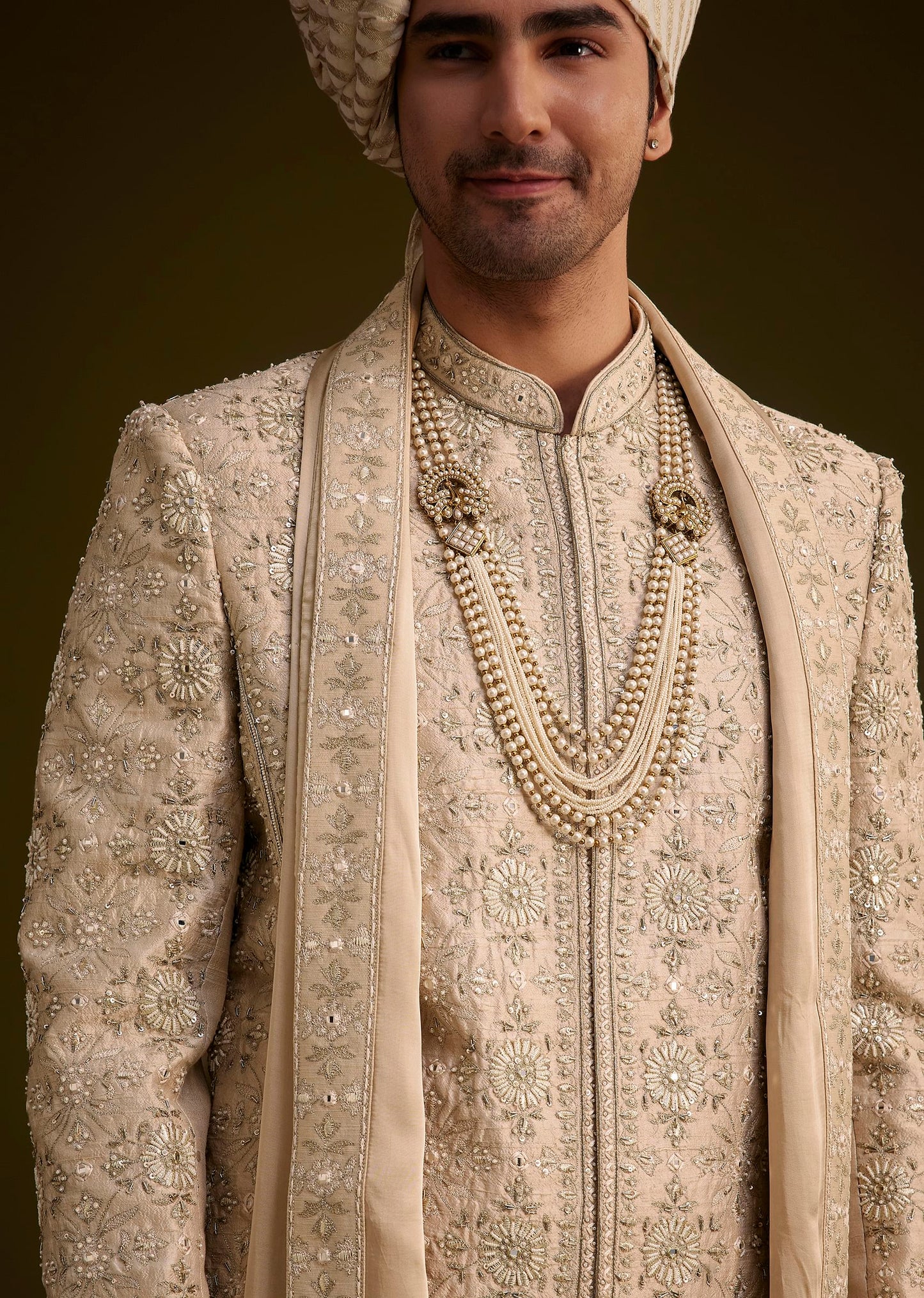 Beige Silk Sherwani Set With Zardosi Embroidery And Anarkali Kurta