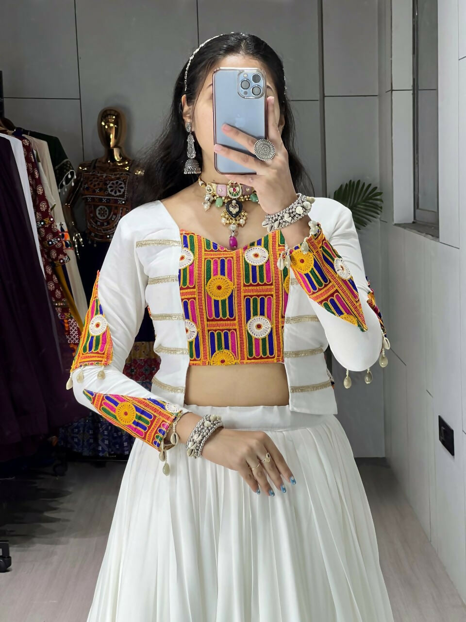 Yash Enterprise White Rayon Cotton Embroidery Semi Stitched Navratri Chaniya Choli