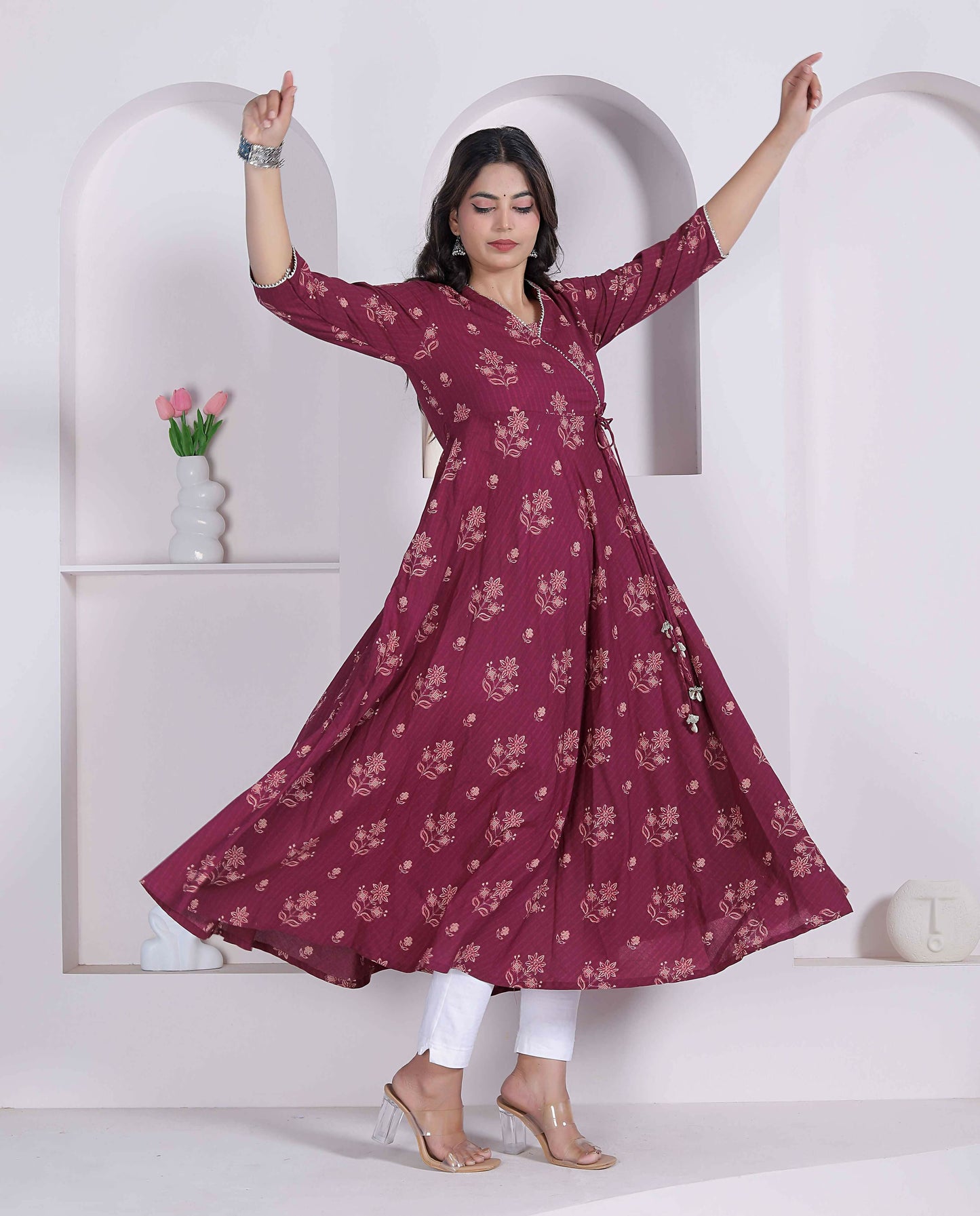 Miravan Womens Maroon Floral Printed Angrakha Style Kurta
