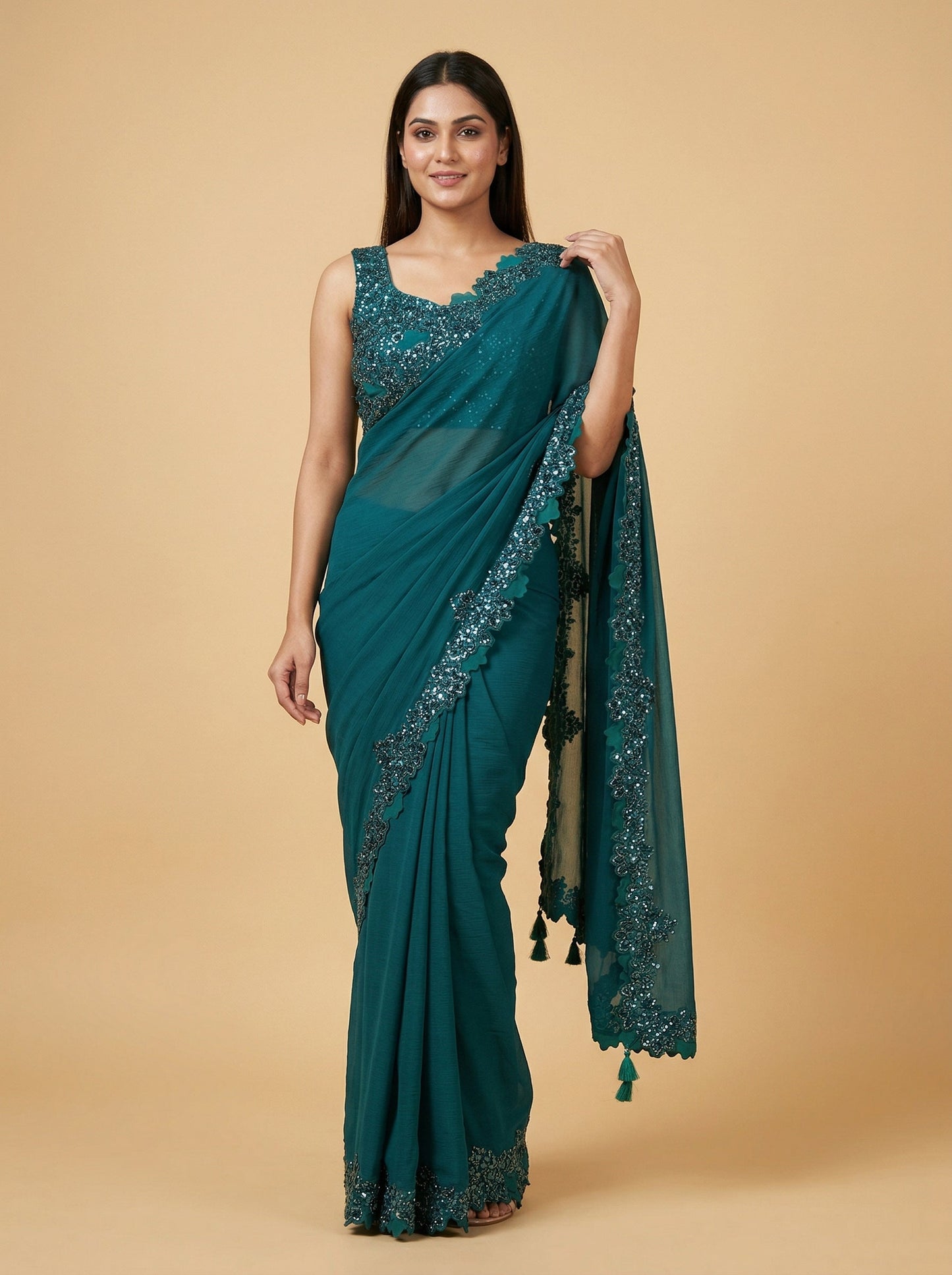 Evergreen Bottle Green Embroidered Saree
