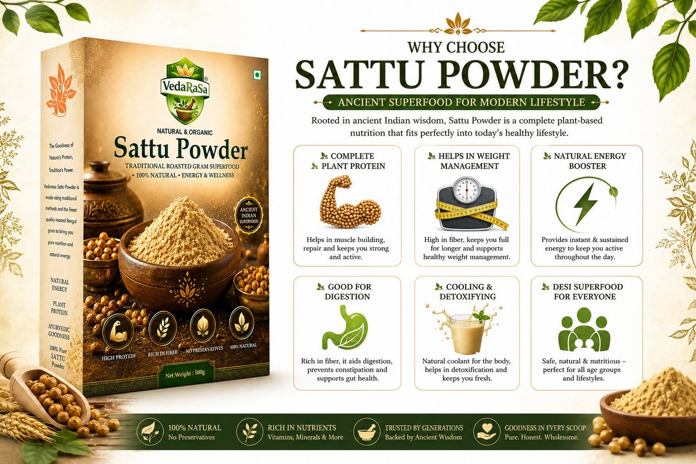 VedaRasa Premium Sattu Powder Organic Roasted Chana Powder