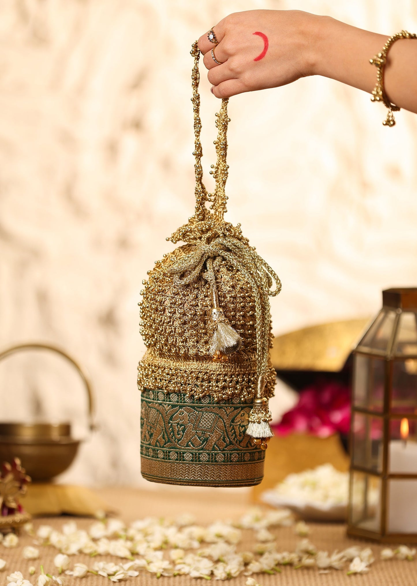 Gold And Green Lace Potli Bag
