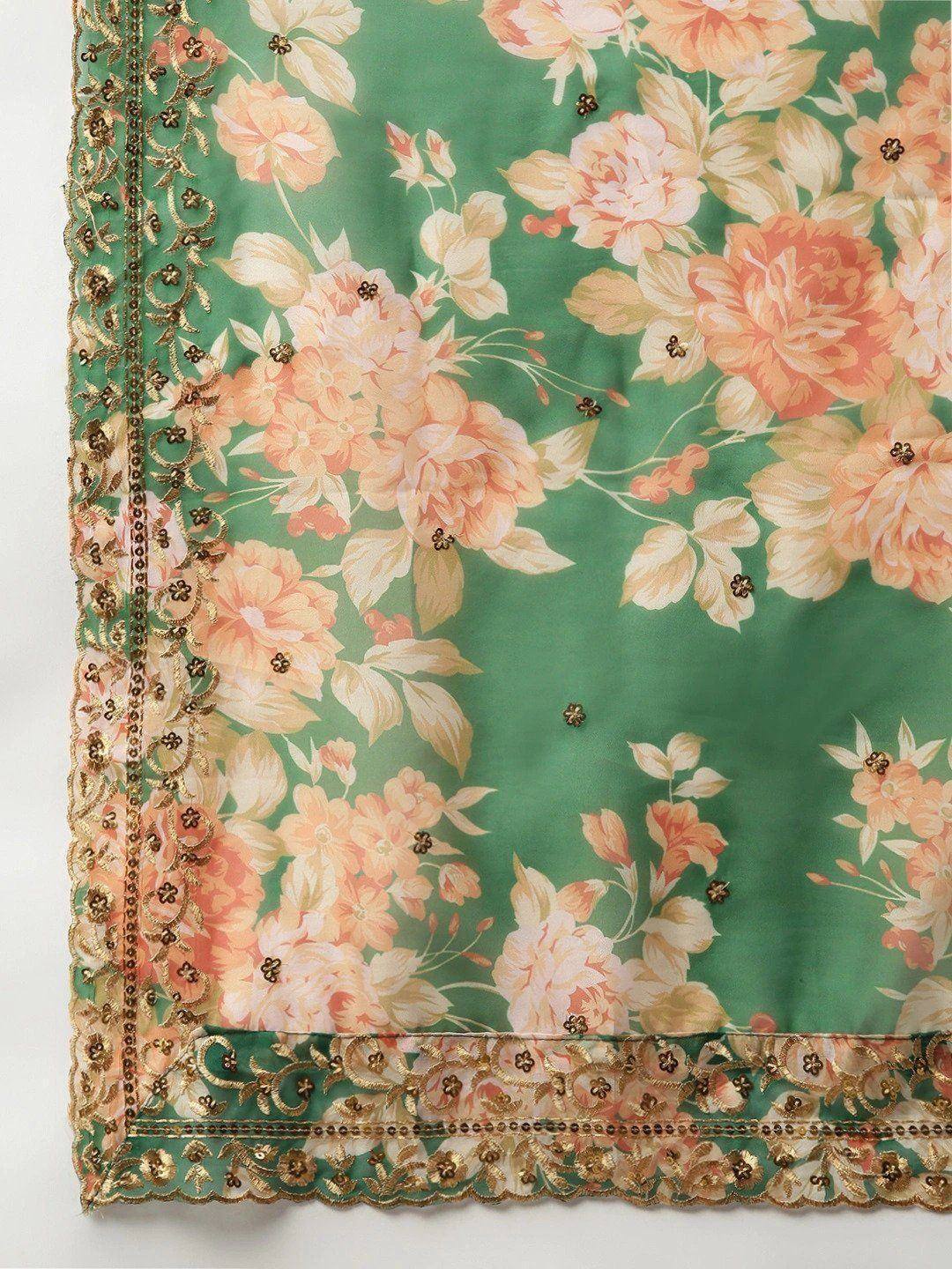 Tulsi Art Green & Peach-Coloured Embellished Sequinned Semi-Stitched Myntra Lehenga & Unstitched Blouse