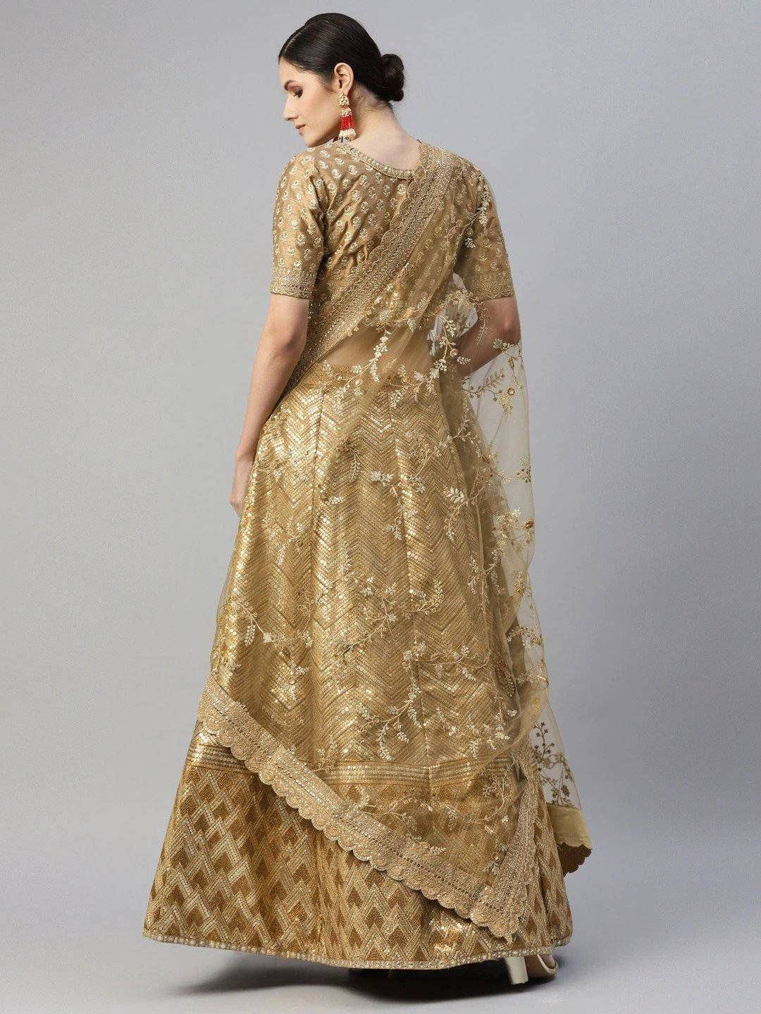 Tulsi Art Beige Embroidered Sequinned Unstitched Myntra Lehenga & Blouse With Dupatta