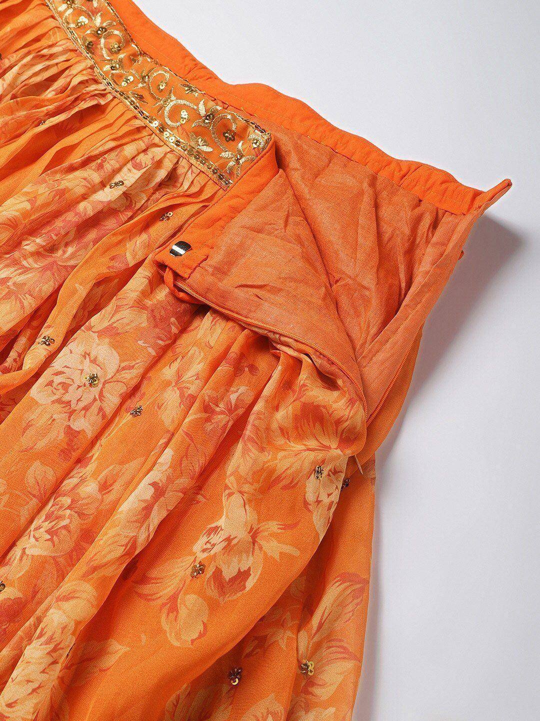 Tulsi Art Orange & Gold-Toned Embellished Sequinned Semi-Stitched Myntra Lehenga & Unstitched Blouse
