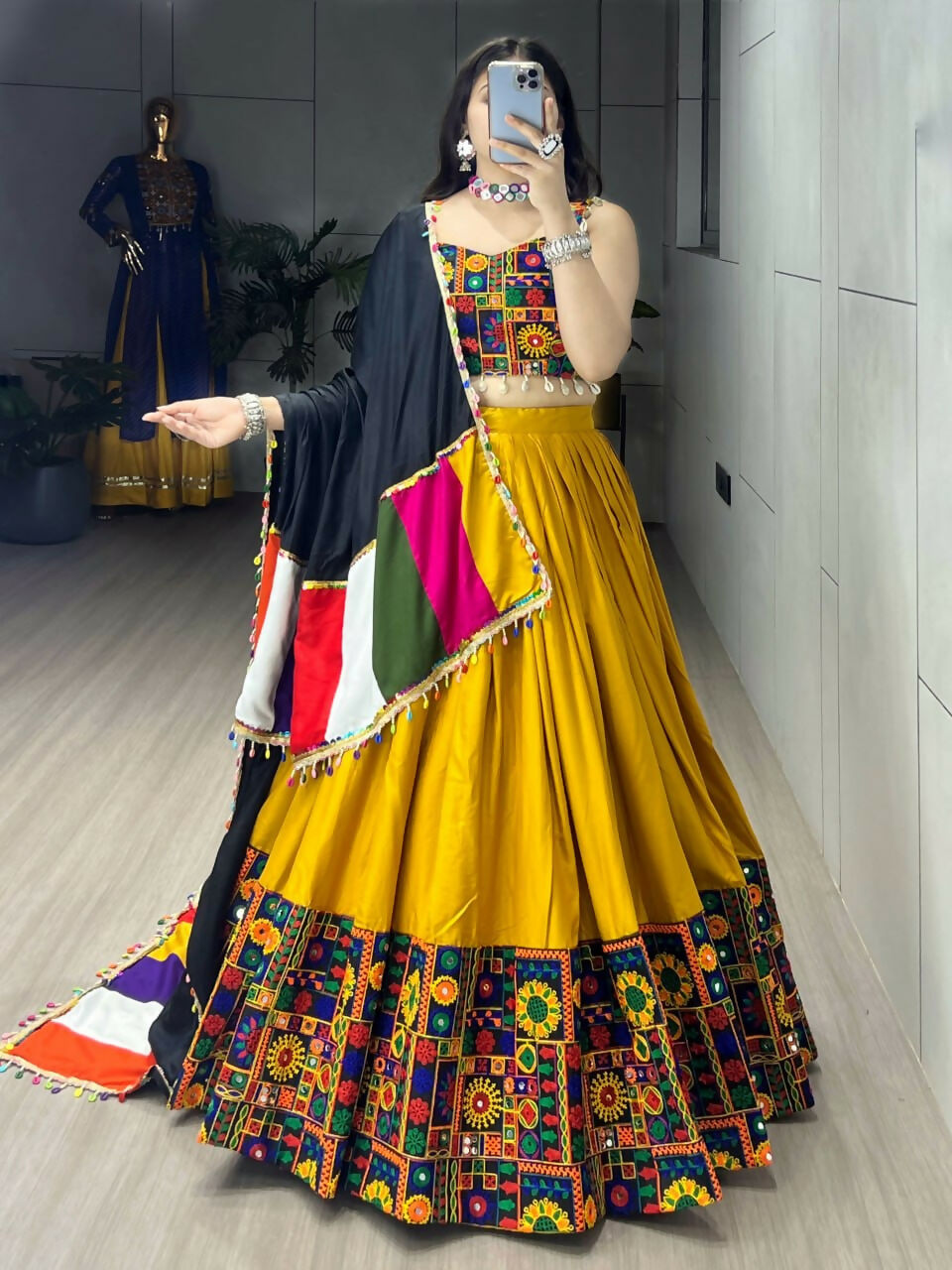 Yash Enterprise Mustard Rayon Cotton Embroidery Semi Stitched Navratri Chaniya Choli