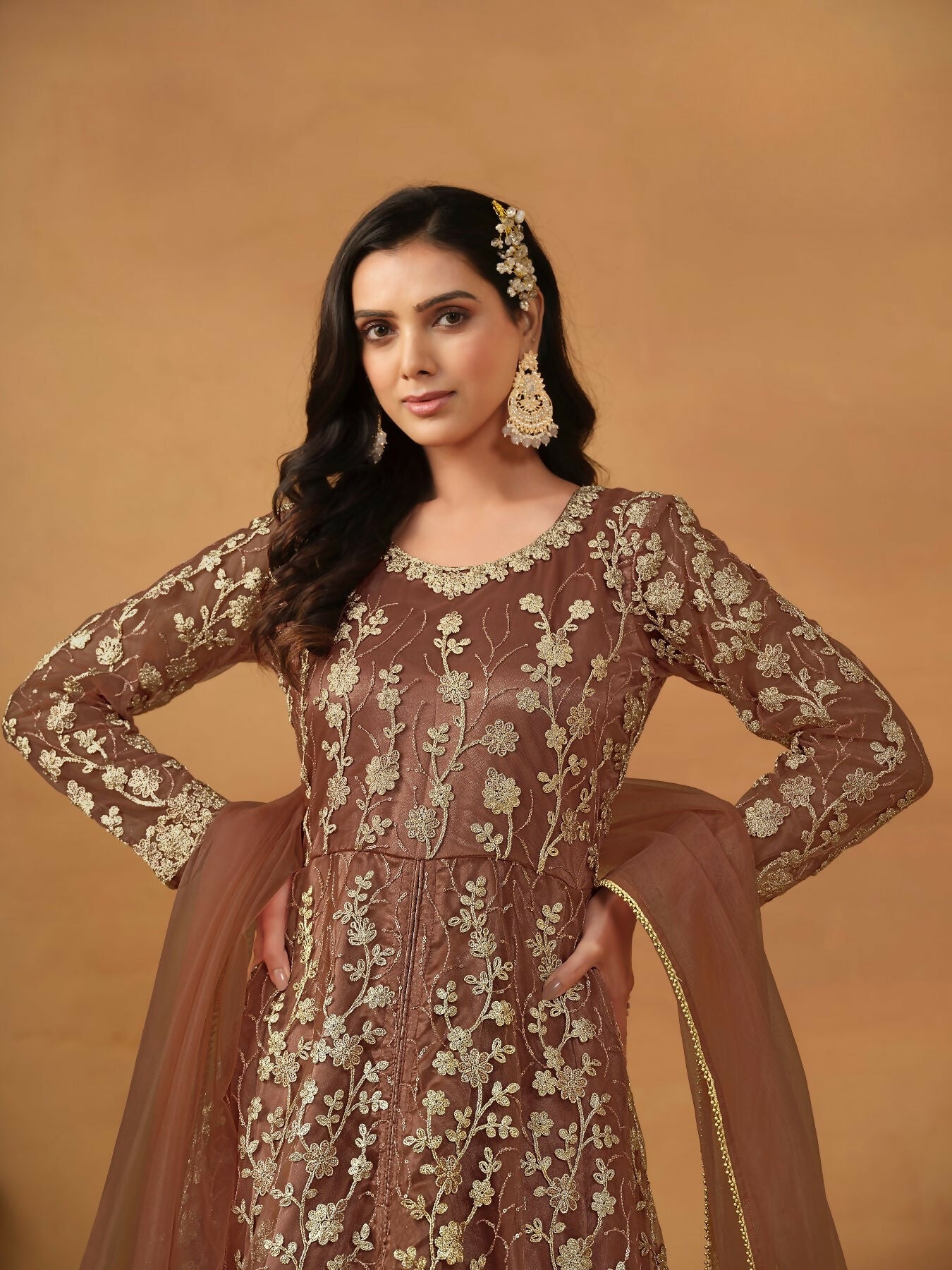Anaita Brown Embroidered Net Anarkali Suit