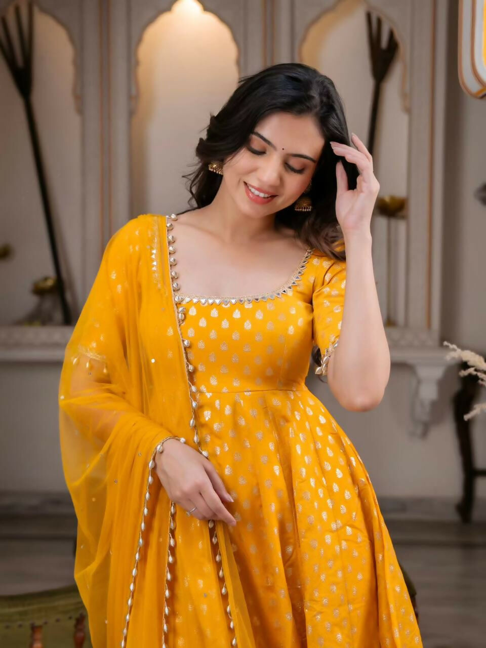 Teeya Creation Mustard Yellow Anarkali Gown With Foil Print Work - Festive Ethnic Wear Set